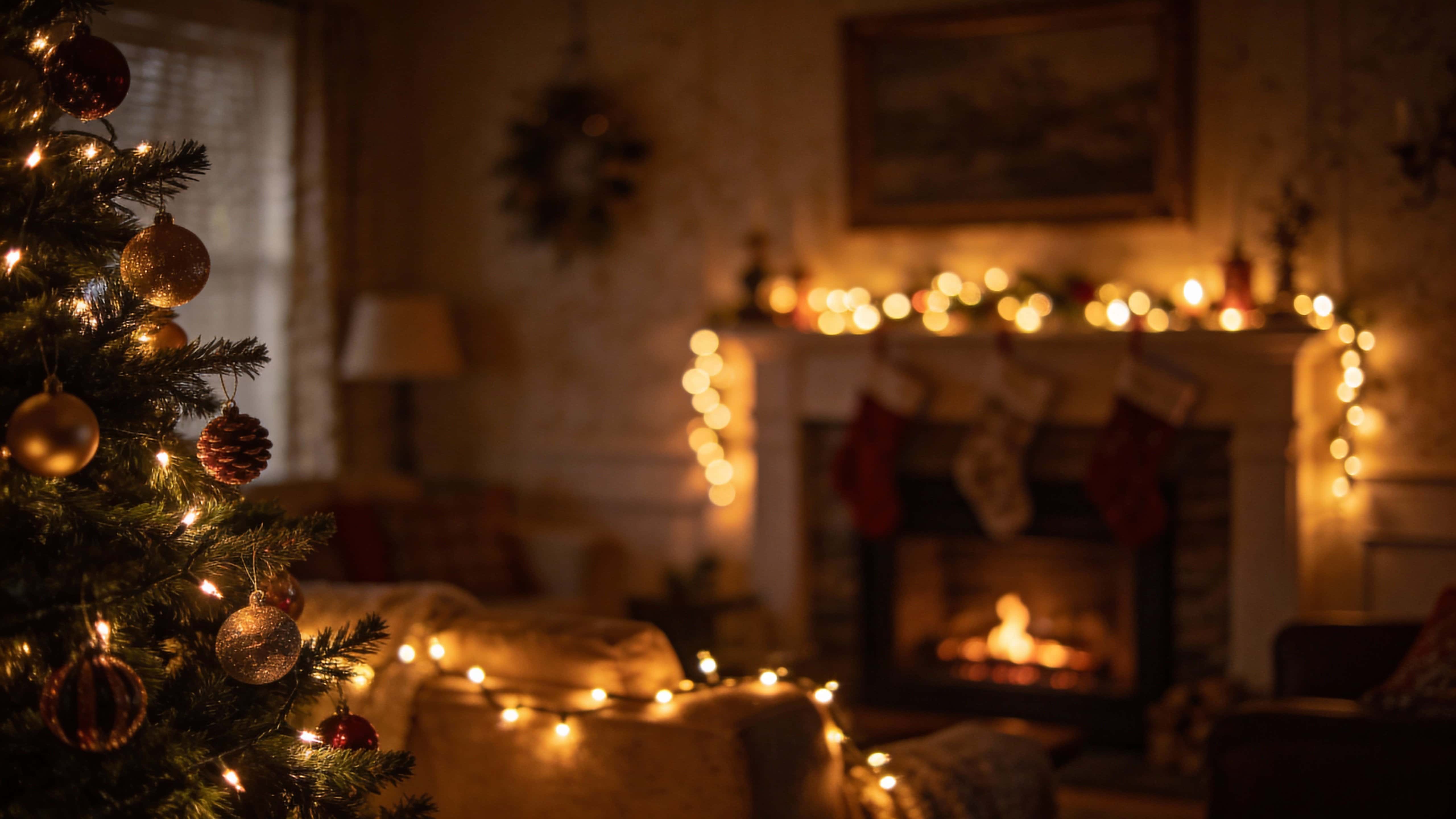 A cozy living room at dusk decorated for the holidays with warm glowing fairy lights strung across a slightly dim ambient interior, evoking intimate evening cheer.