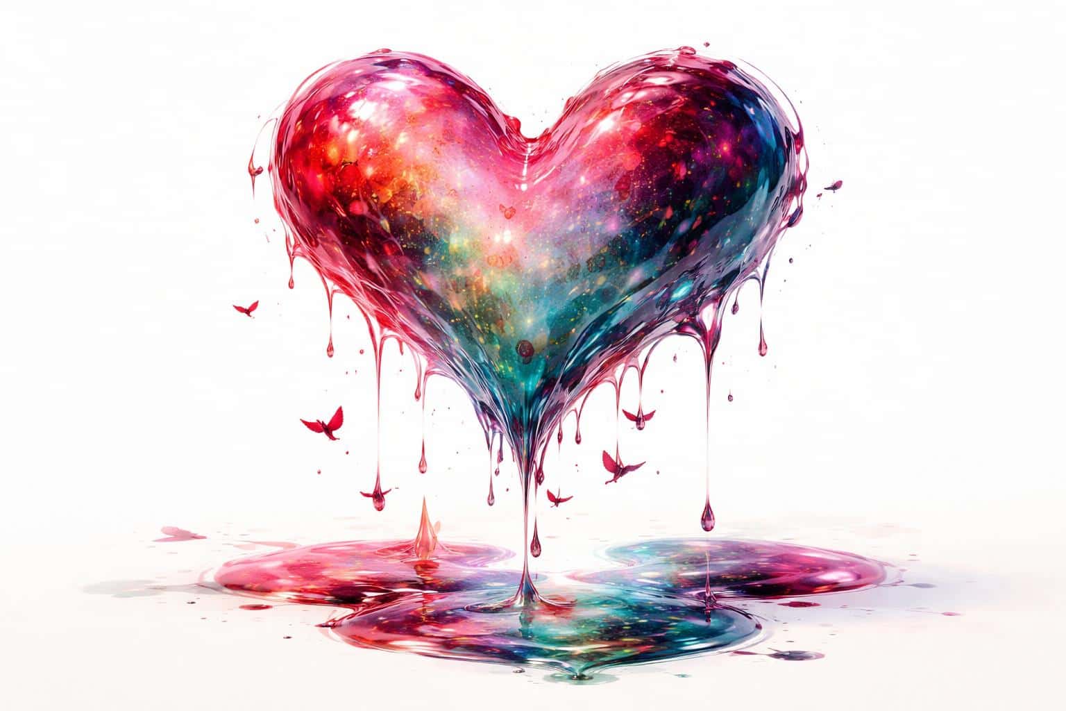 A wide 3:2 landscape shows a large liquid watercolor heart suspended above a white void, melting into drips that turn into tiny red birds amid teal–ruby iridescence.