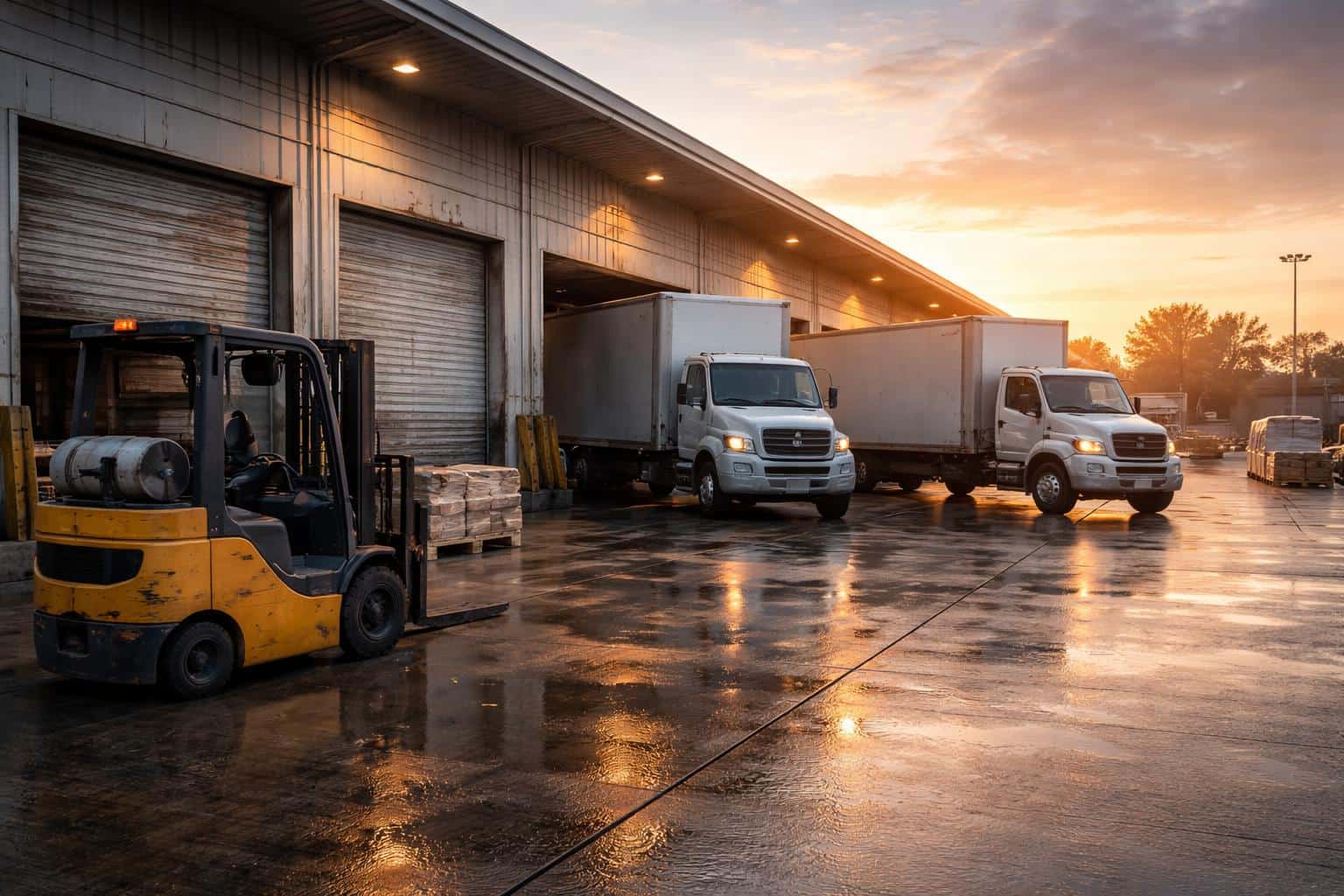 Loading dock scene at sunrise photographed as an industrial-style poster image with forklifts and trucks, framed for a 3:2 aspect ratio composition guide.