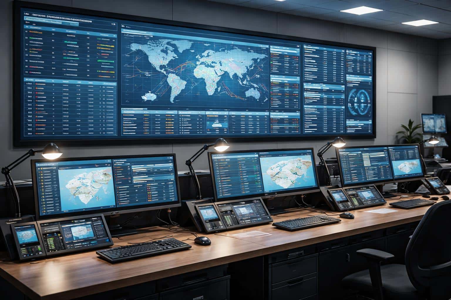 A wide 3:2 interior photograph of a logistics timing control room with tracking displays and dispatch desks, shot for poster-cover use in an editorial context.