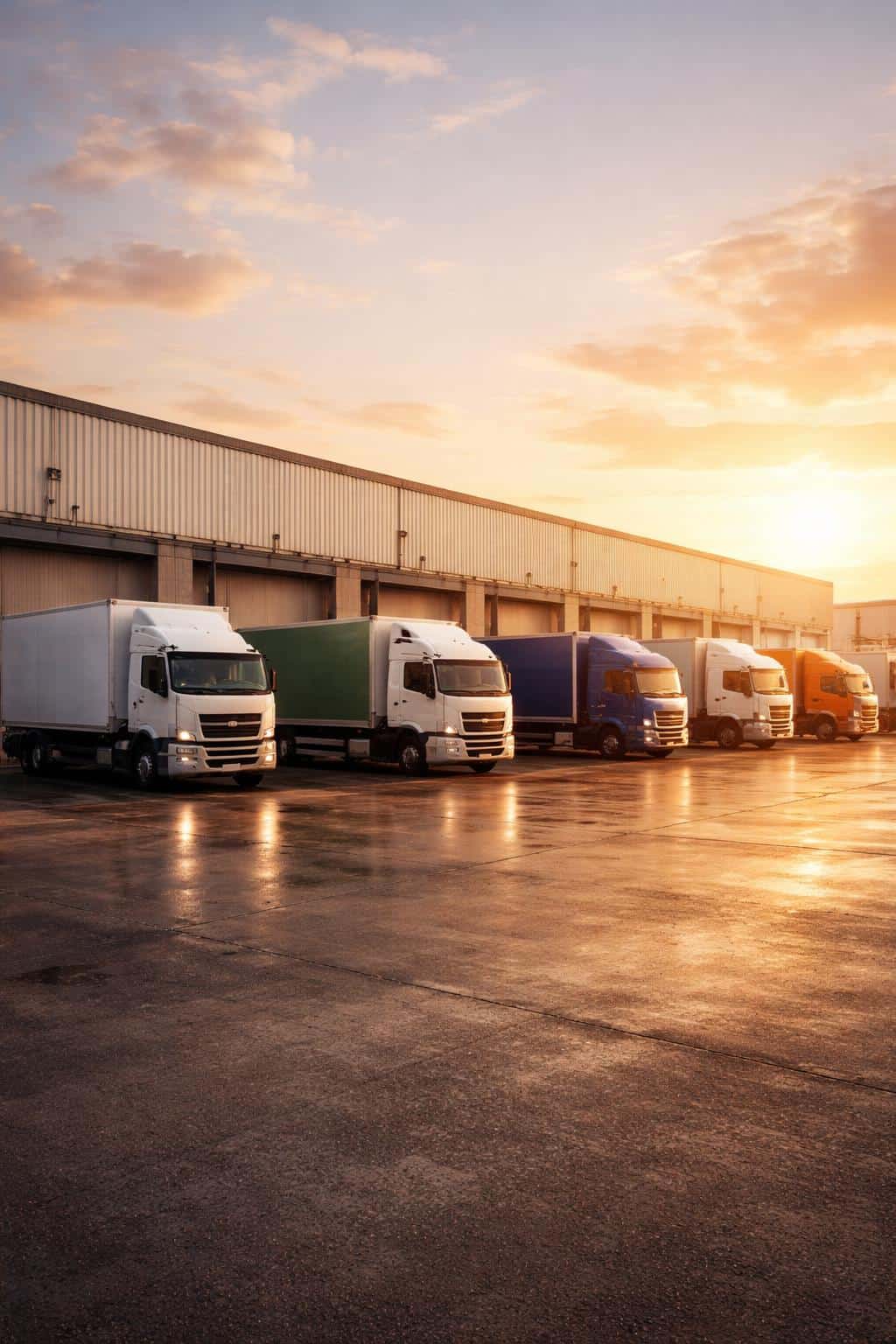 Wide architectural photograph of a logistics dock at sunrise showing aligned delivery trucks, low warm light, and a 2:3 poster-cover composition for editorial or wallpaper use.