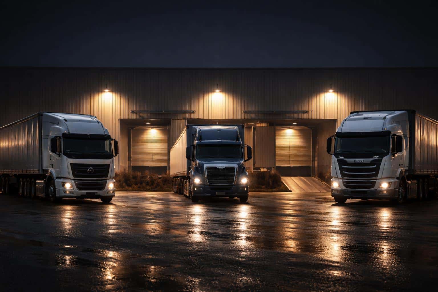 Nighttime logistics hub photographed in a 3:2 poster-ready layout, showing trucks, lit loading bays and warehouse architecture with dramatic cinematic lighting.