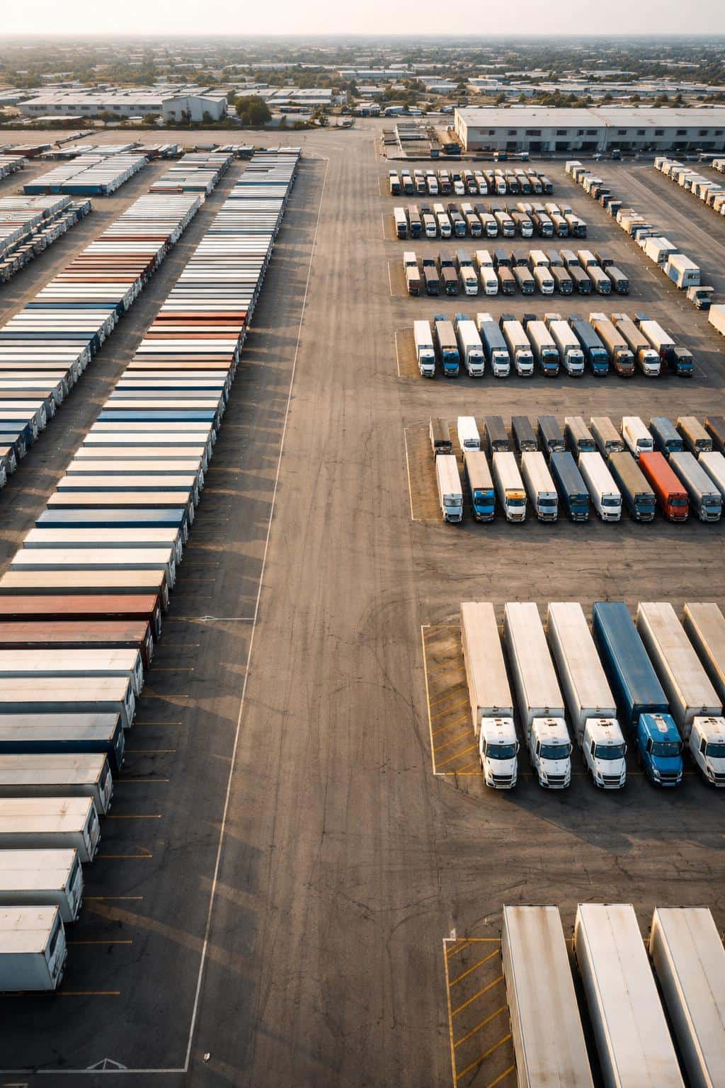 Aerial photographic study of a logistics yard where trucks and trailers form precise geometric patterns, composed for a vertical 2:3 poster-cover with calm light.