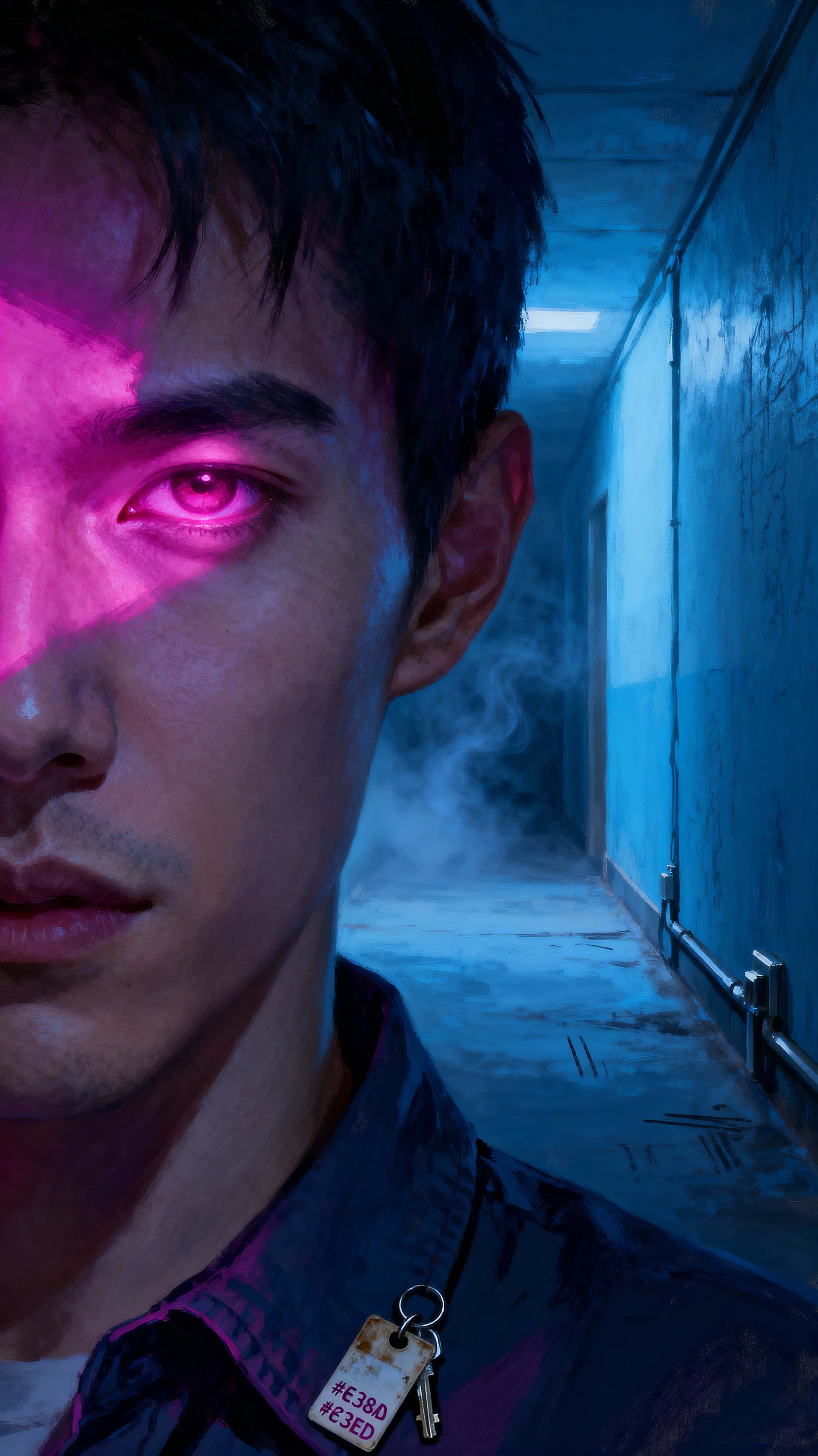 A lone figure occupies a narrow dim corridor in a vertical 9:16 head-and-shoulders portrait, bathed in a cool blue wash with magenta edge light to create a calm, mysterious mood and cinematic two-tone contrast across skin and hair.