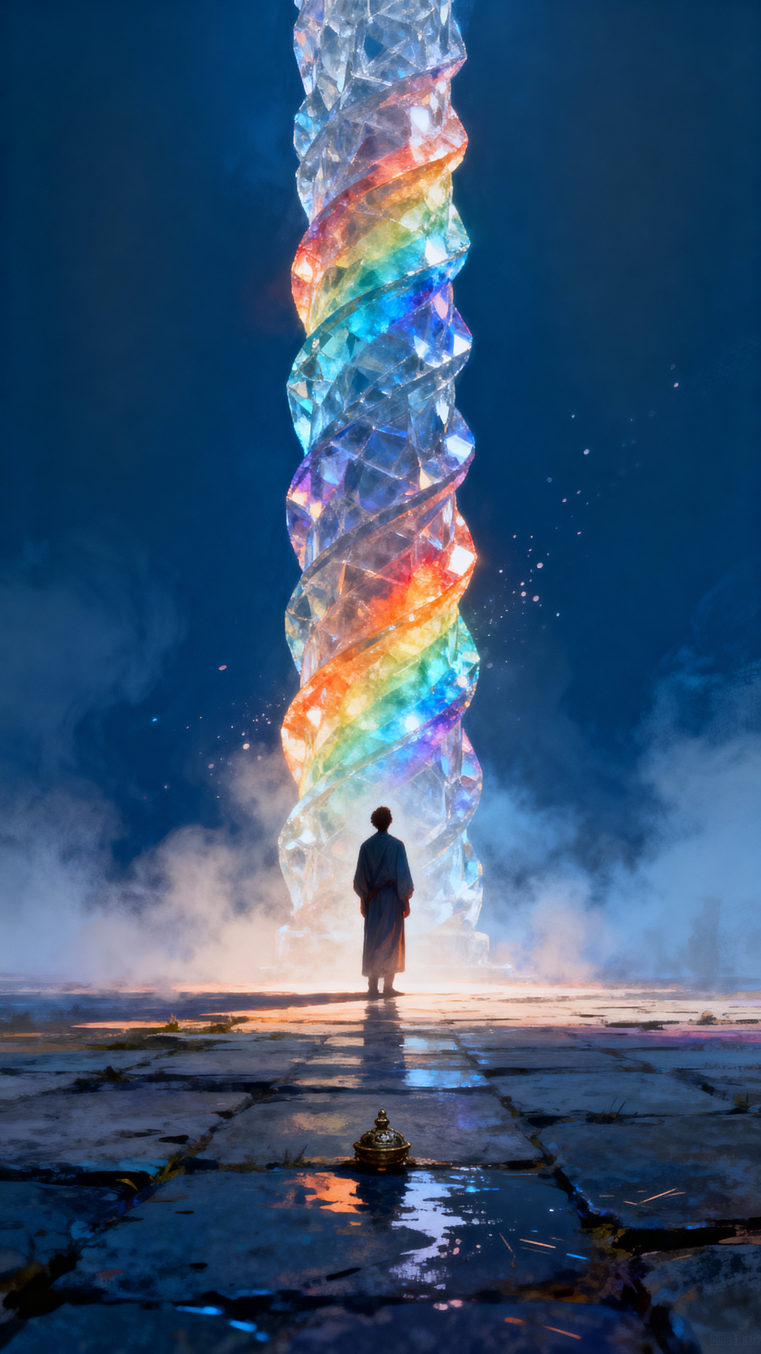 A lone figure stands before a spiraling column of rainbow light that twists upward into a void, framed vertically to emphasize ascent and surreal scale in a moody atmosphere.
