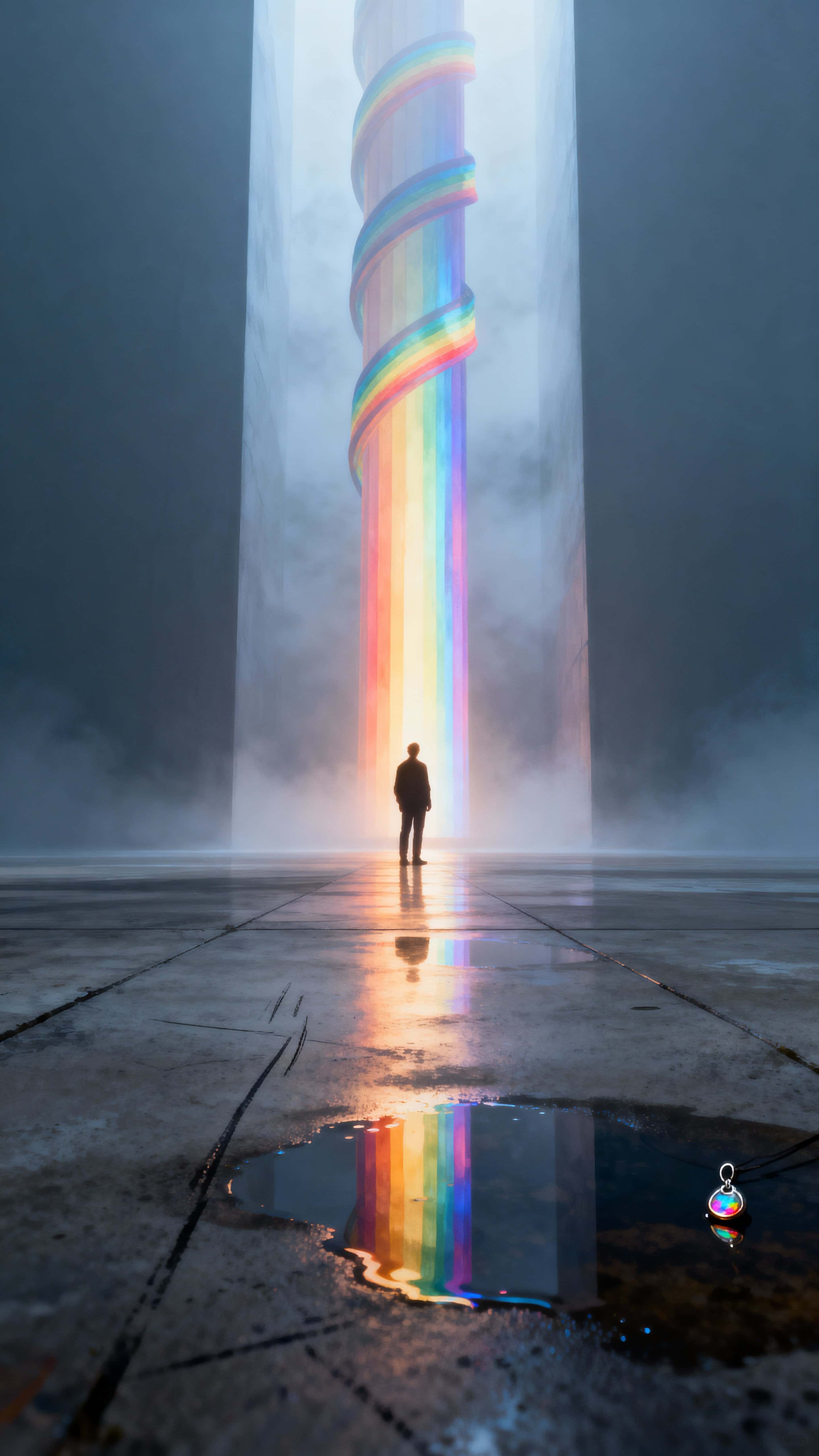 A lone figure stands beneath a towering spiraling column of rainbow light in a deep vertical void, framed in a 9:16 crop that emphasizes ascent and isolation with luminous color contrast and quiet atmosphere.