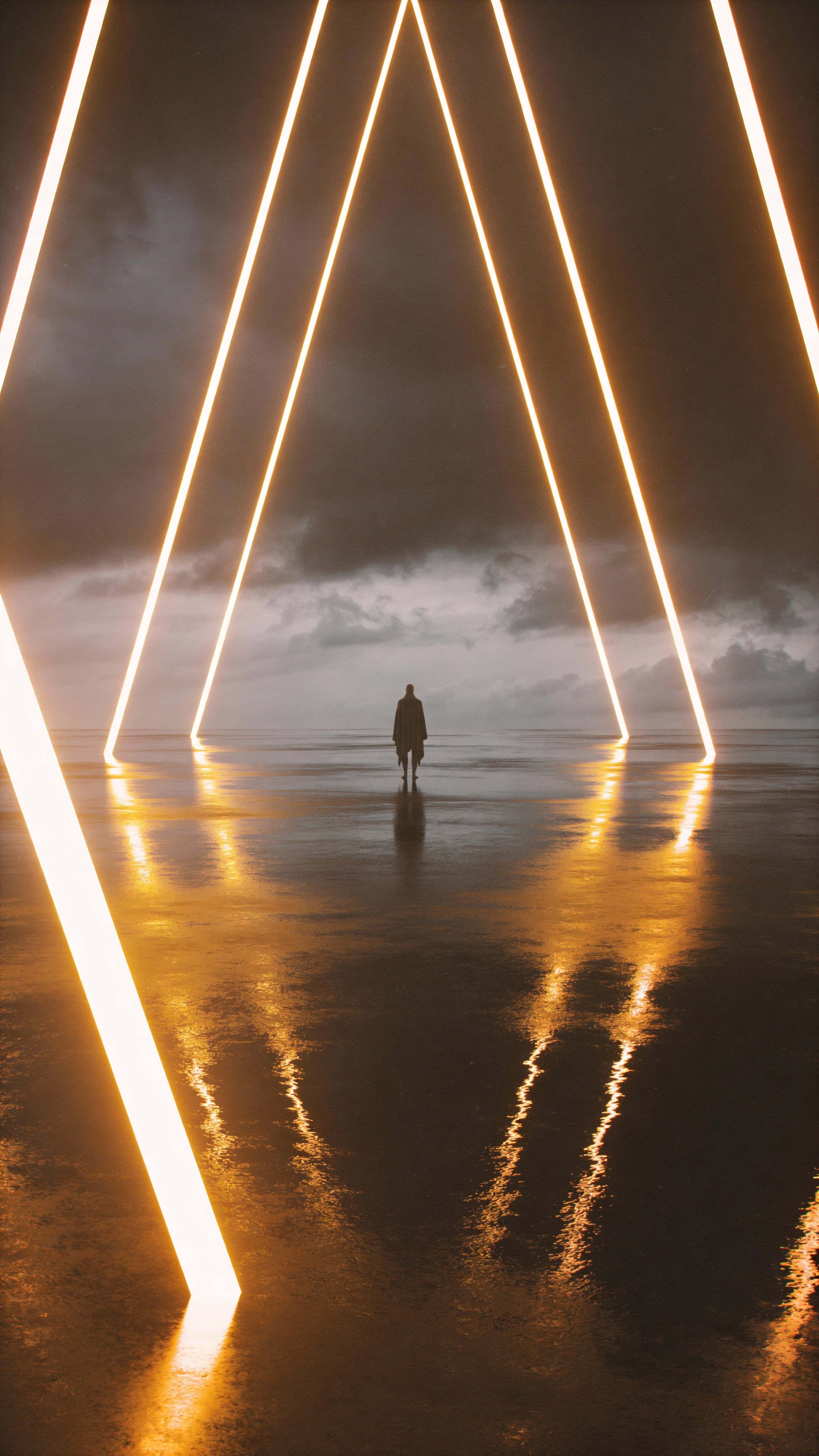 Centered lone figure stands in a minimal surreal vertical landscape as glowing gold streaks tear through a charcoal-gray sky over reflective wet ground, rendered in high-contrast, cinematic 9:16 framing.