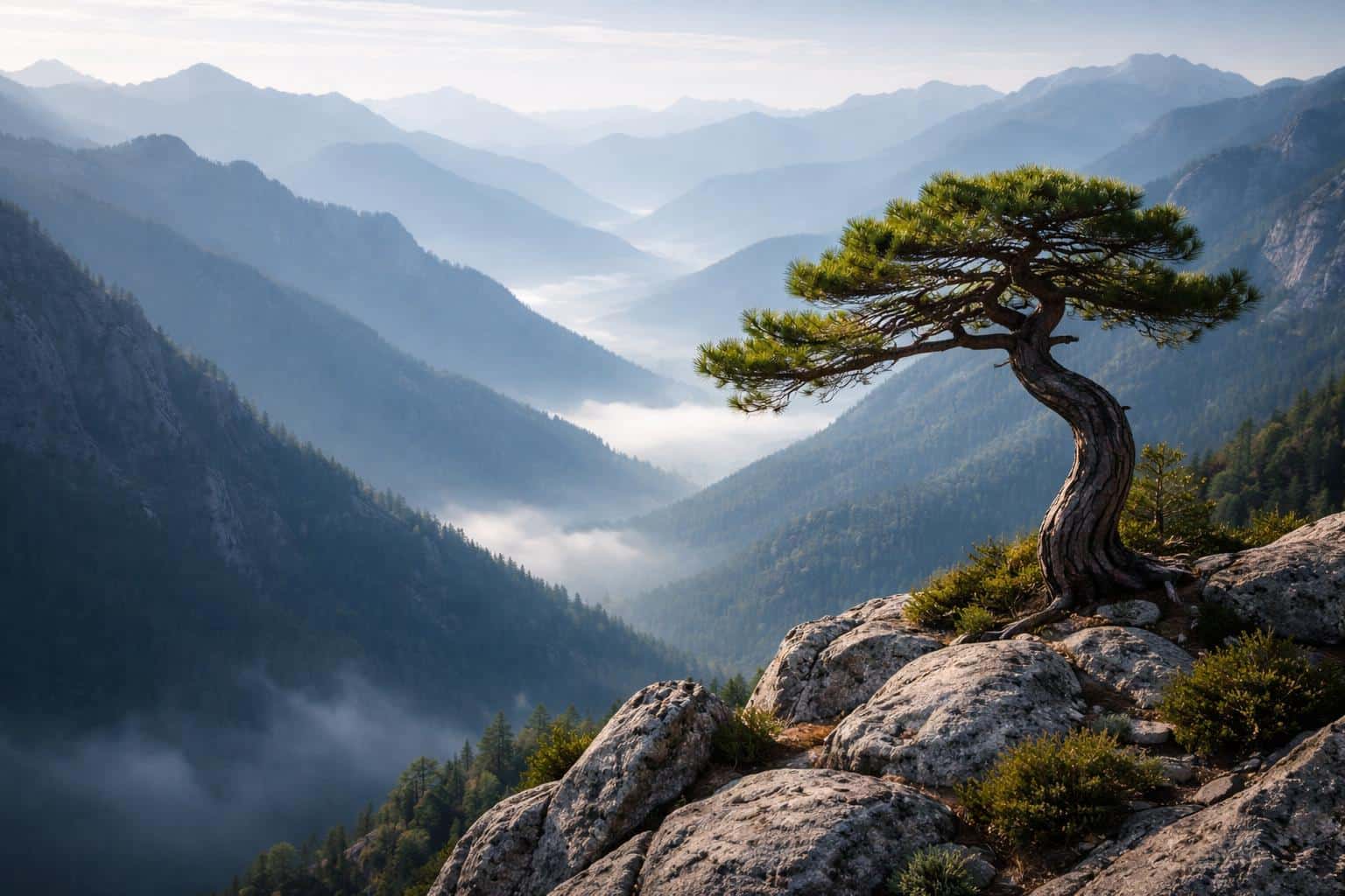 A serene landscape photograph featuring a gnarled pine tree on a cliff edge overlooking misty, blue-toned mountain ranges in soft morning light at sunrise.