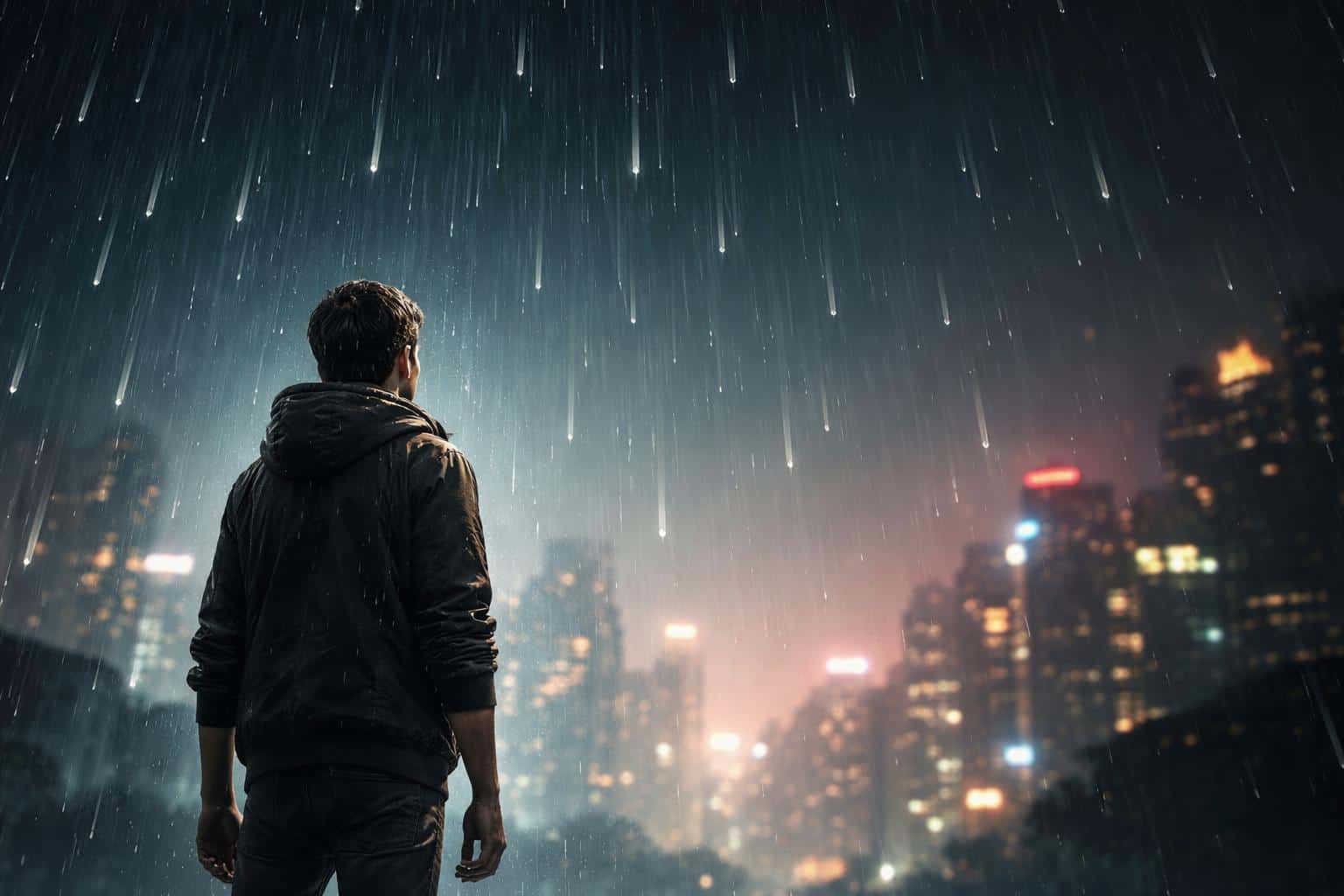 A melancholic solitary figure in fine-art photography, shown with surreal upward-falling rain and low-angle drama, composed for a 3:2 poster-cover framing and crop guidance.