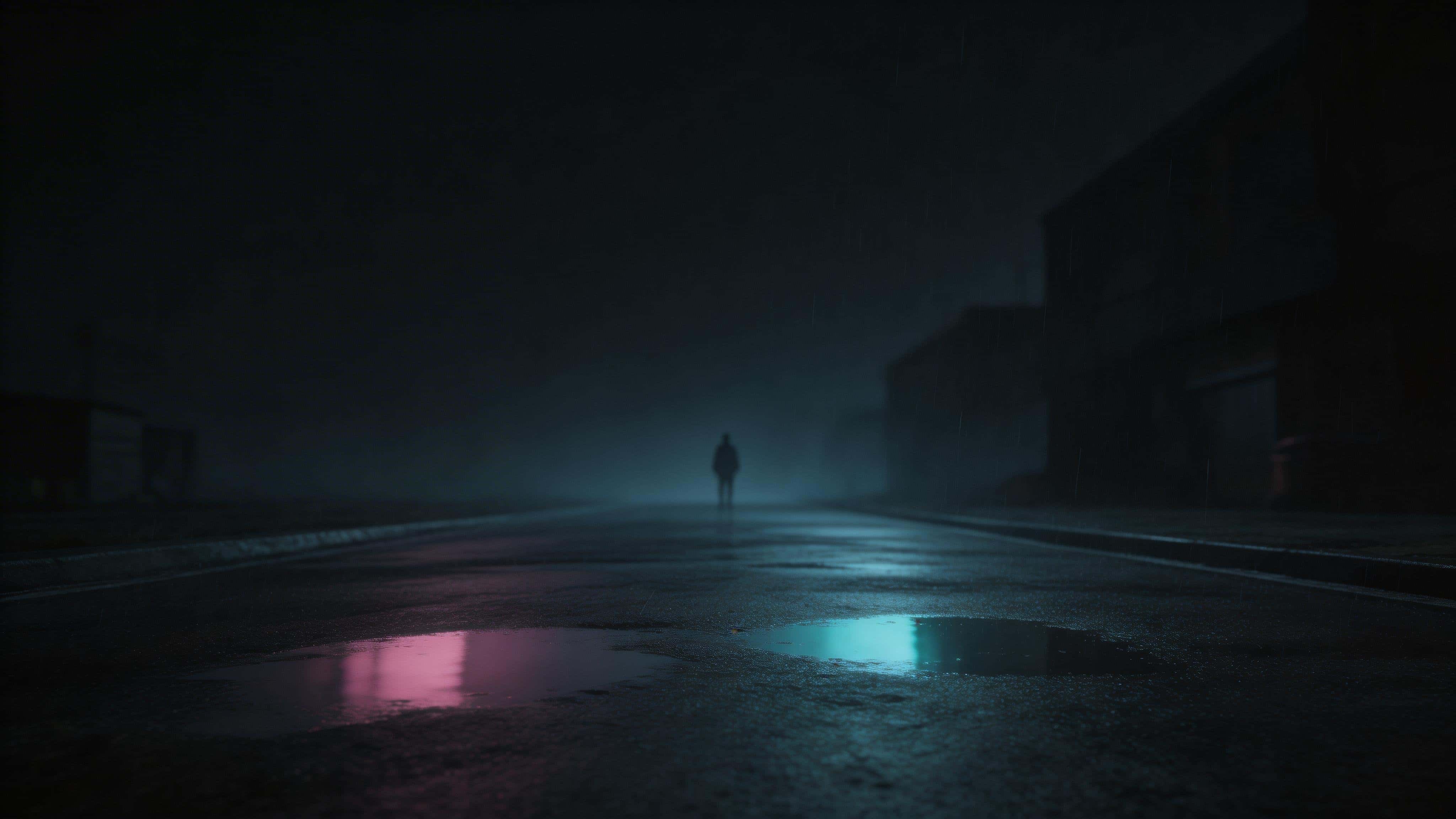 16:9 cinematic night wallpaper of a distant, unreadable figure framed by rain-soaked pavement, with puddle reflections in muted magenta and dim cyan amid deep near-black shadows.