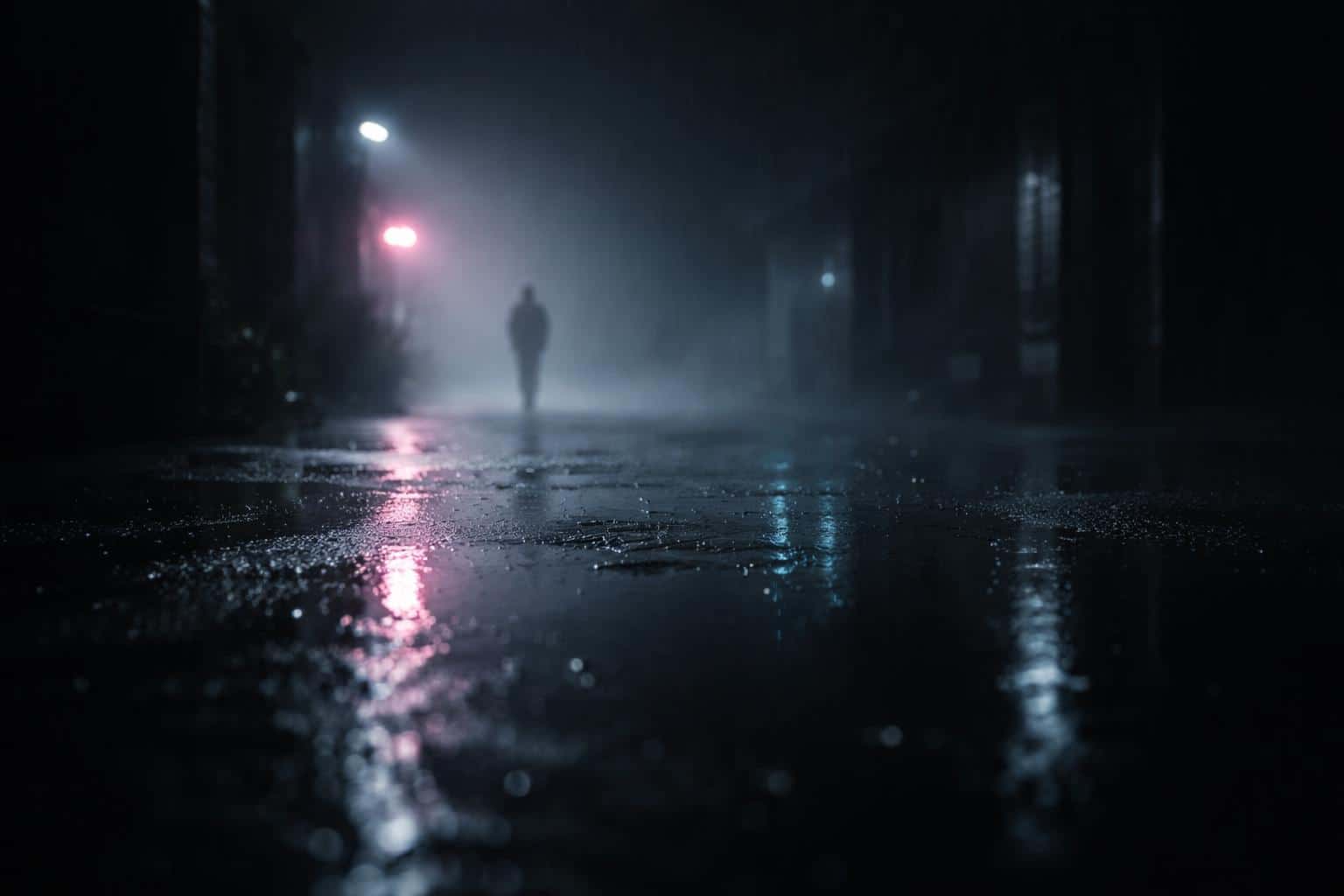 3:2 cinematic night wallpaper of a distant, unreadable figure framed by reflections on rain-slick pavement with muted magenta and dim cyan accents, deep shadows.