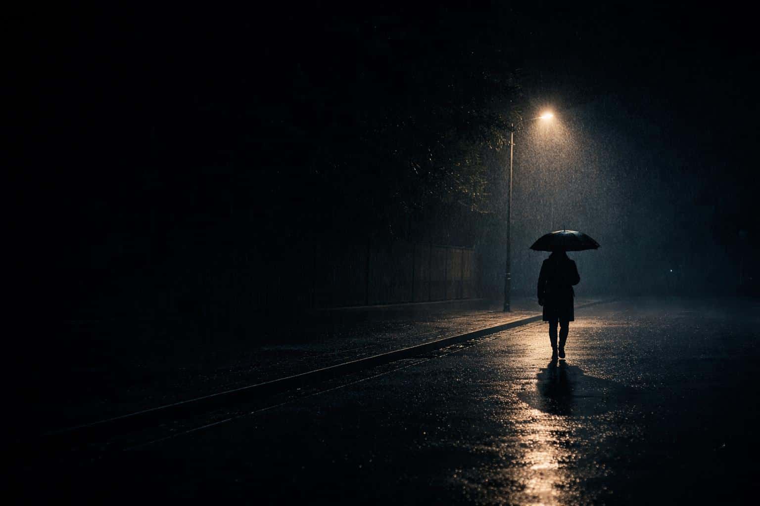 Cinematic 3:2 widescreen of a lone figure under a dark umbrella in steady rain, off-center and small against a vast cool-blue night with one warm streetlight pool.