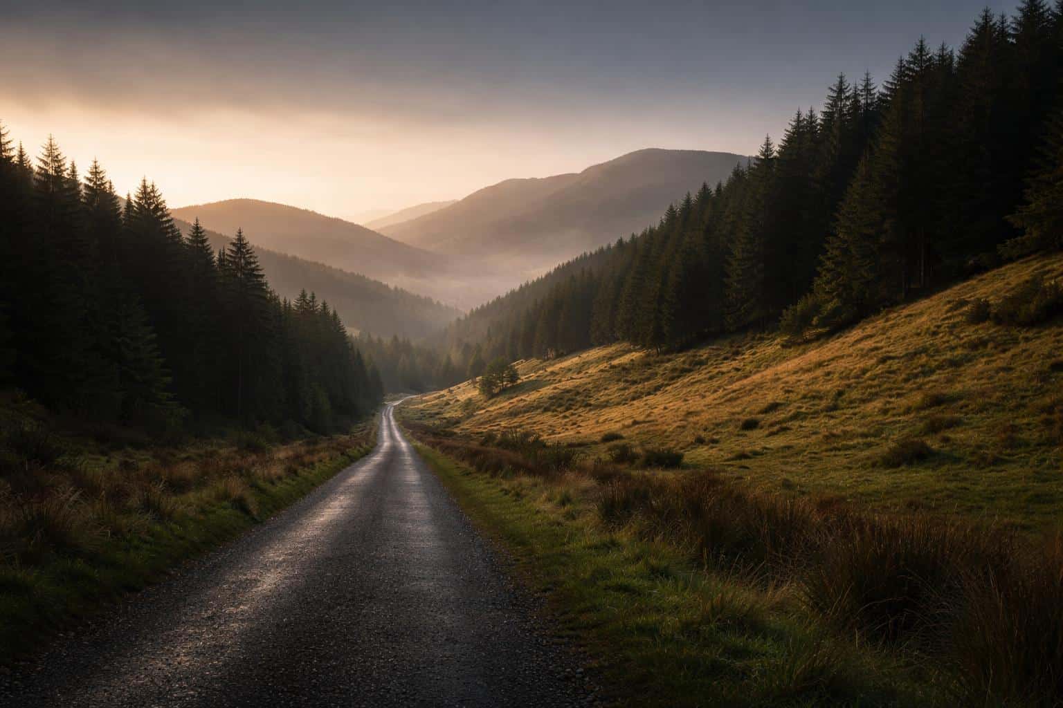 A moody 3:2 landscape photograph of a lonely road slicing through rolling hills and dense forest, framed and graded for widescreen wallpaper or poster use.