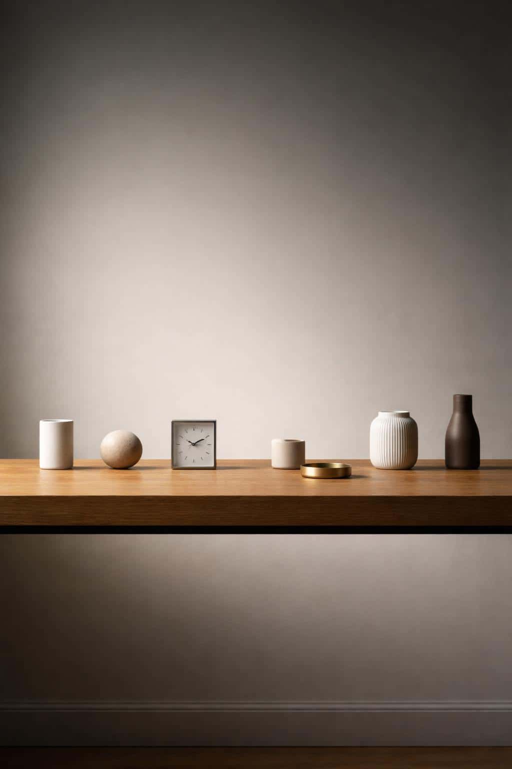 A 2:3 still-life product photograph of a long desk with evenly spaced objects and a single misaligned item, shown with precise framing and calm minimal lighting.