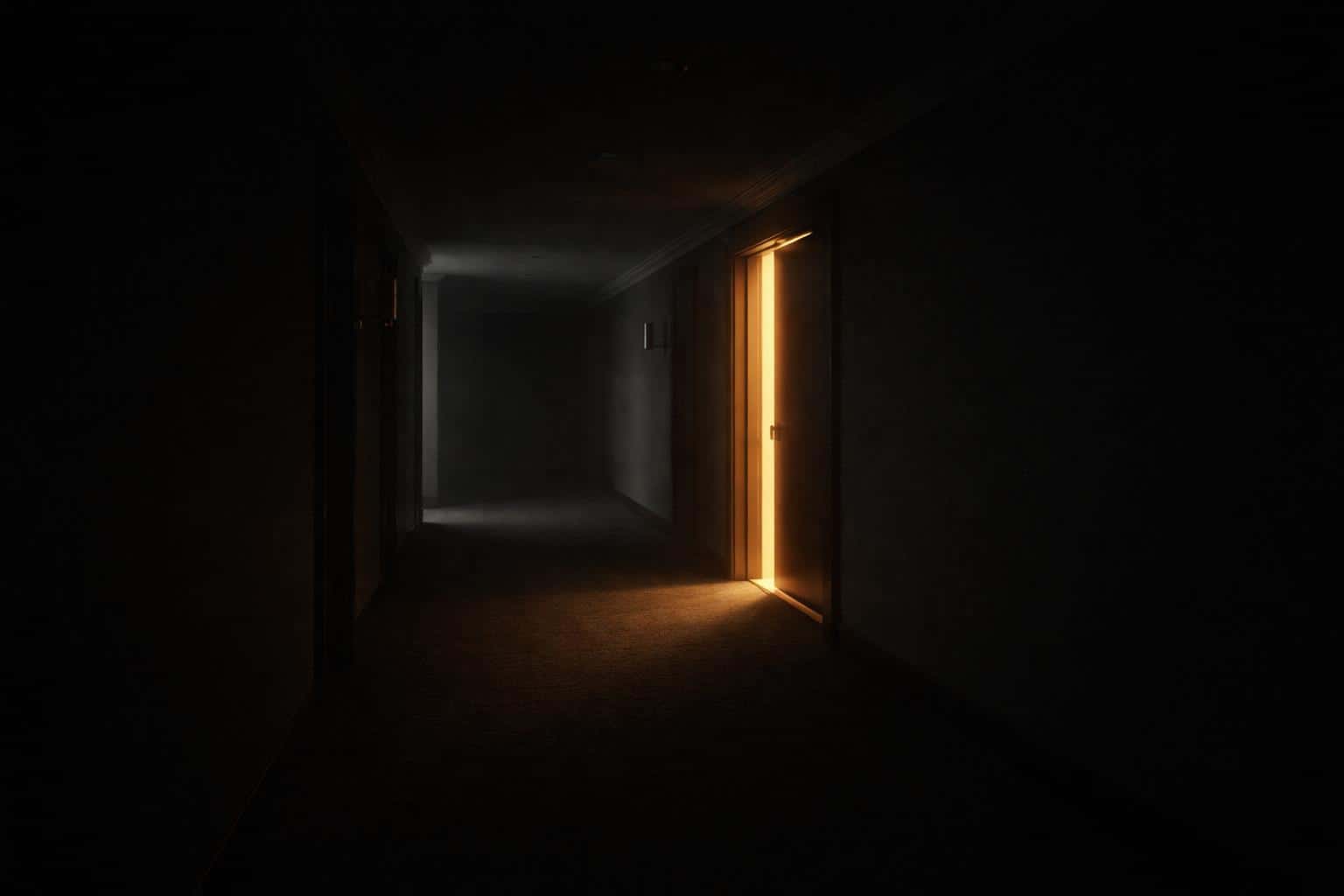 Cinematic 3:2 interior of a long quiet hallway with one door slightly ajar, a thin amber light spilling across cool charcoal floors and minimal detail.