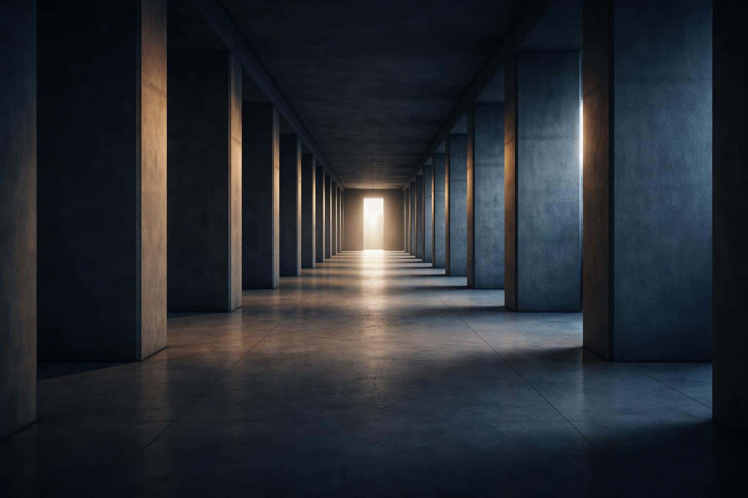 A 3:2 architectural scene of a long rectangular room lined with repeating pillars, rendered with deep perspective, clean light, and framing guidance for compositional cropping.
