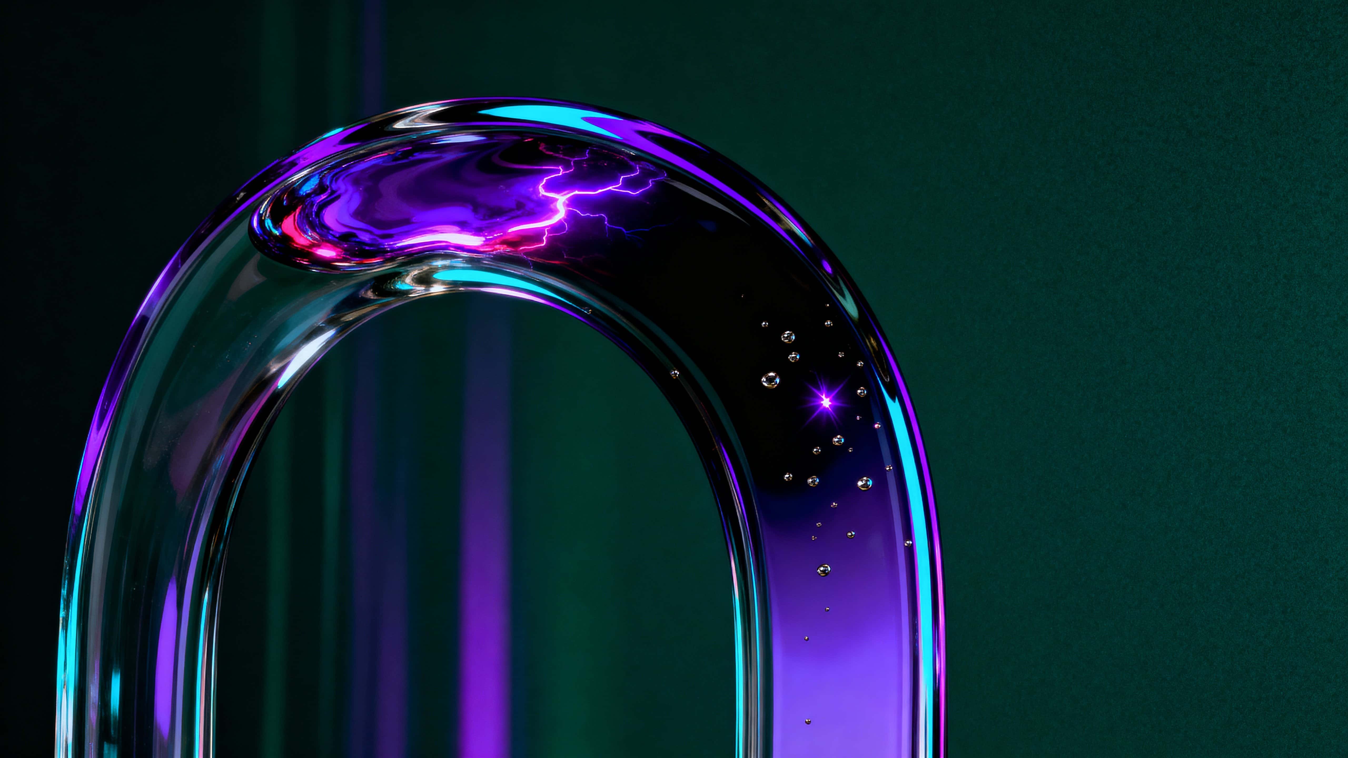 A large looping arch of transparent glass curves from the lower-left to the upper-center against a deep forest-green near-black background, glowing with saturated violet and magenta streaks.