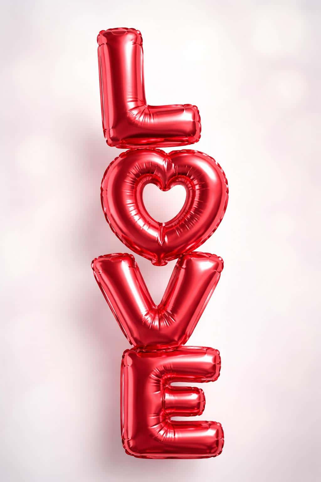 Cinematic 3D render of high-gloss metallic red foil balloons spelling L-O-V-E stacked vertically in a 2:3 card frame against a soft diffused white backdrop, with realistic seam crinkles and specular highlights for tactile depth.