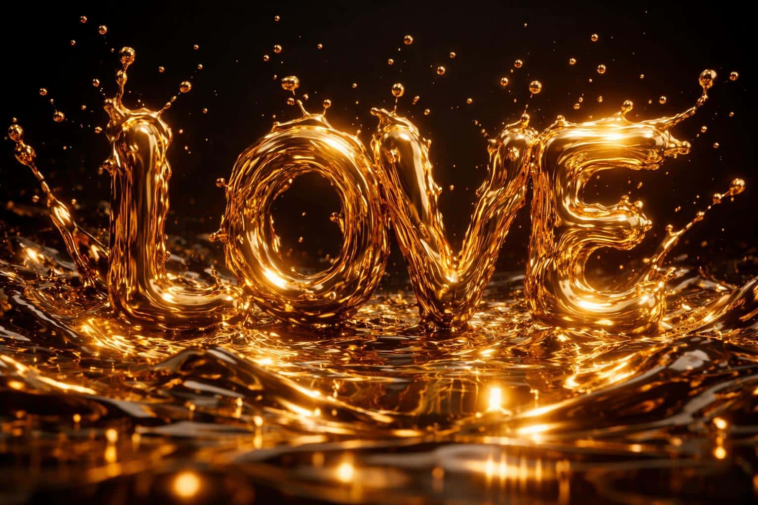 Dramatic 3:2 landscape of the word LOVE cast from viscous molten gold, rippling with suspended droplets and brilliant specular highlights over a dark obsidian background.