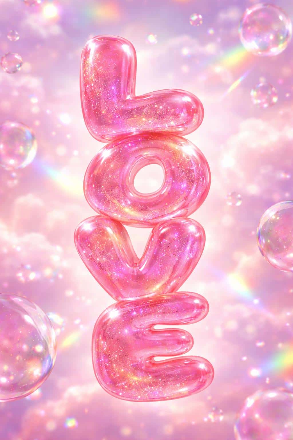 Vertical 2:3 surreal 3D render of translucent, glossy pink 'LOVE' letters floating like squishy gummy balloons with internal gold glitter and prismatic refractions.