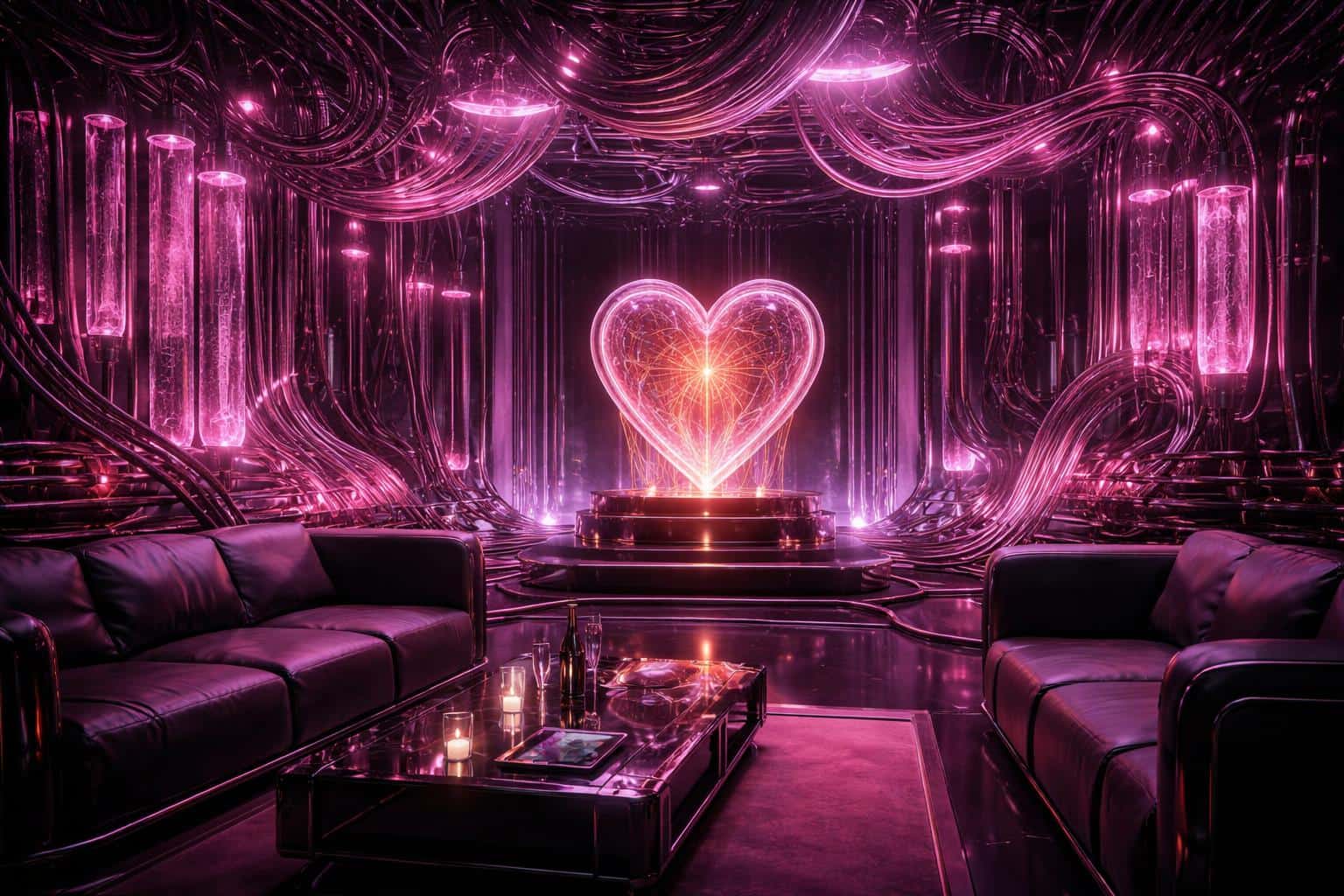 Wide 3:2 render of a private high-tech Love Lounge filled with glowing pink fiber-optic wires, translucent cooling tubes, and a central heart-shaped amber data core on a pedestal.