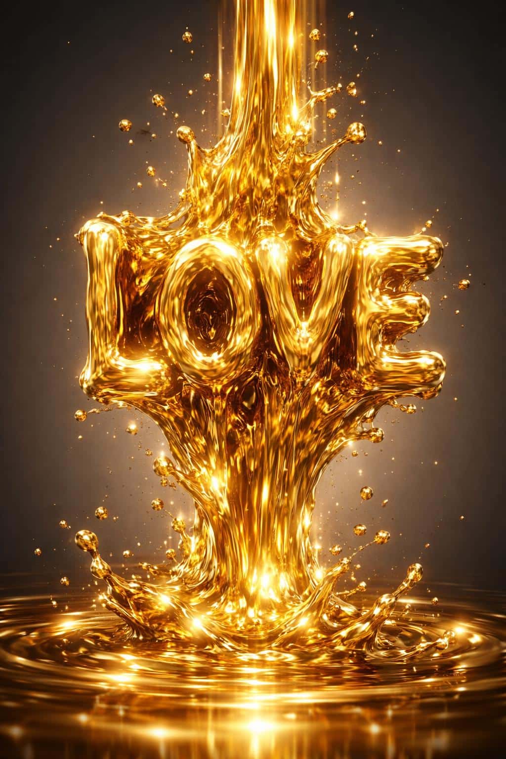 A vertical 2:3 cinematic macro of the word LOVE formed by shimmering molten gold flows, thick viscous ripples, and high-gloss metallic texture against a dark grey gradient.
