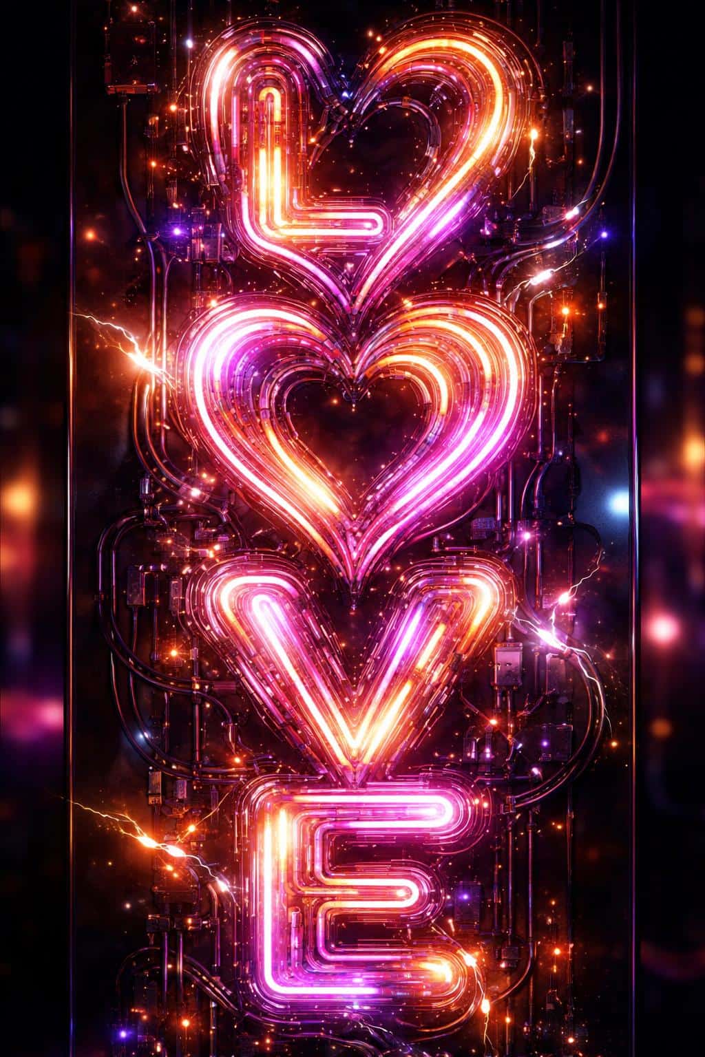 Tight 2:3 vertical 3D render of 'LOVE' formed by heart-shaped multicolored neon tubes flickering against an obsidian glass mirror with magenta and gold sparks.