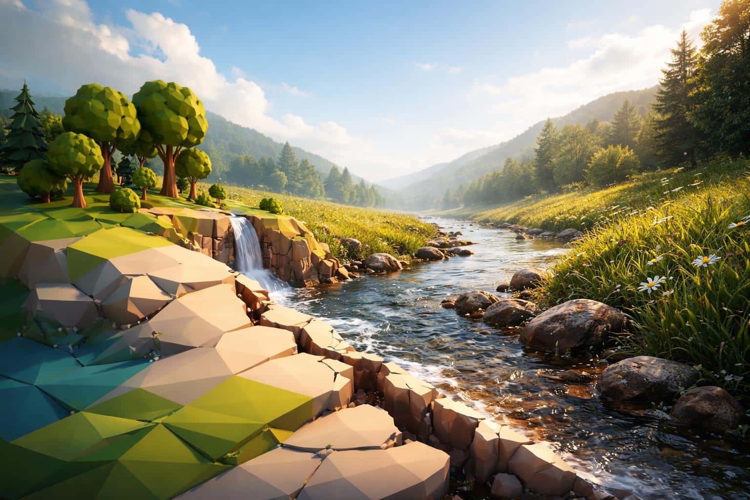 A 3D surreal scene of a low‑poly world fracturing into a photorealistic landscape, composed for a 3:2 poster-cover with cinematic depth and tactile materials.