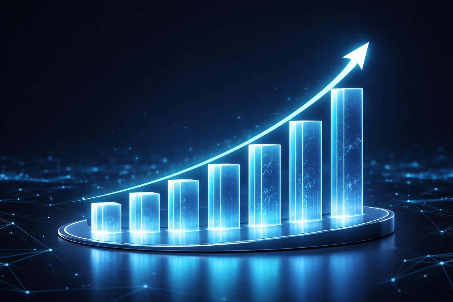 A high-tech digital visualization featuring glowing blue bar charts and a rising trend line over a network of connected data nodes for a hero banner.