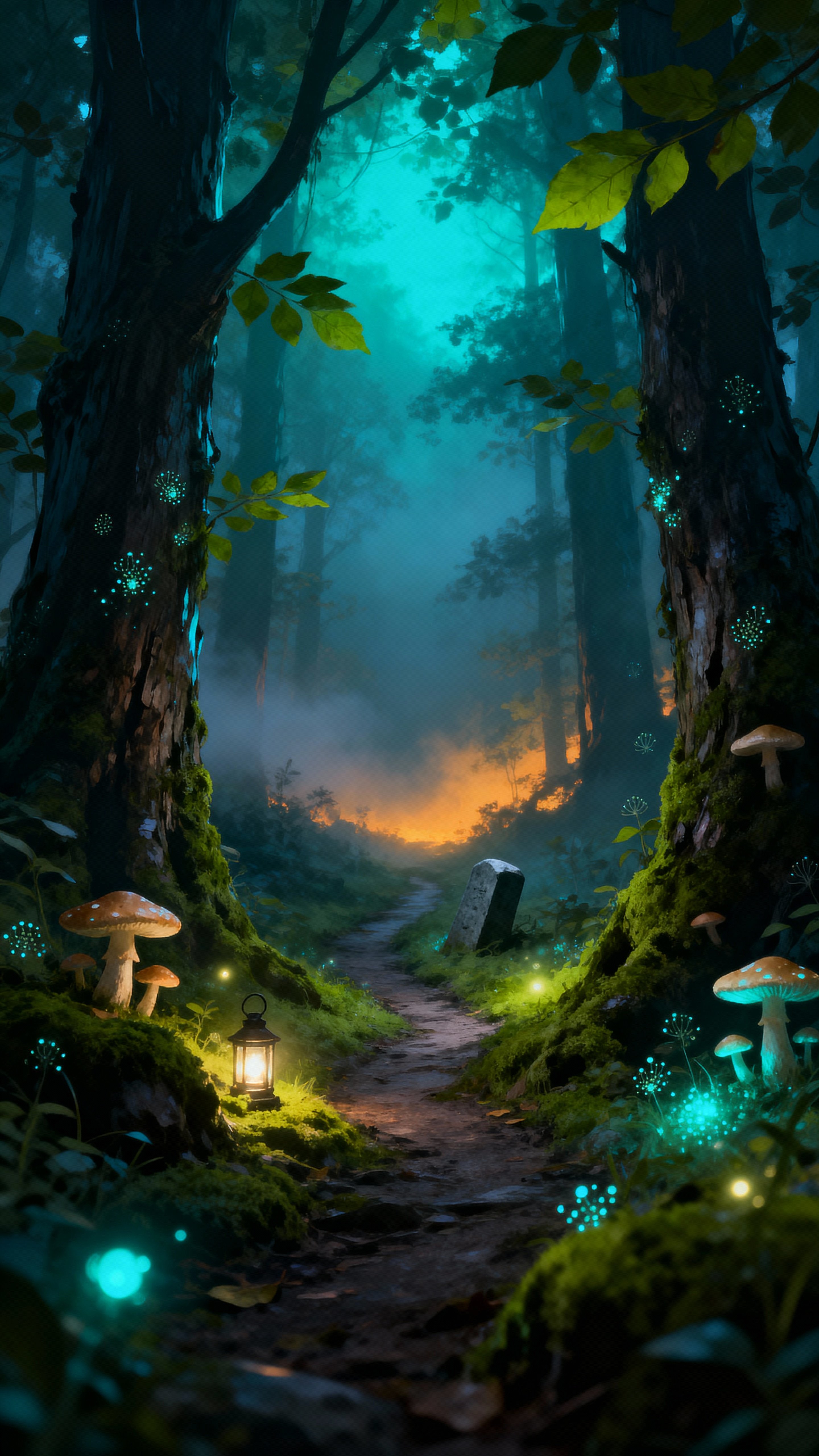 A vertical luminous forest path framed for 9:16 mobile view, where glowing spores and soft mist illuminate a hidden trail through ancient trees, creating a serene and mysterious mood for immersive wallpaper or editorial use.