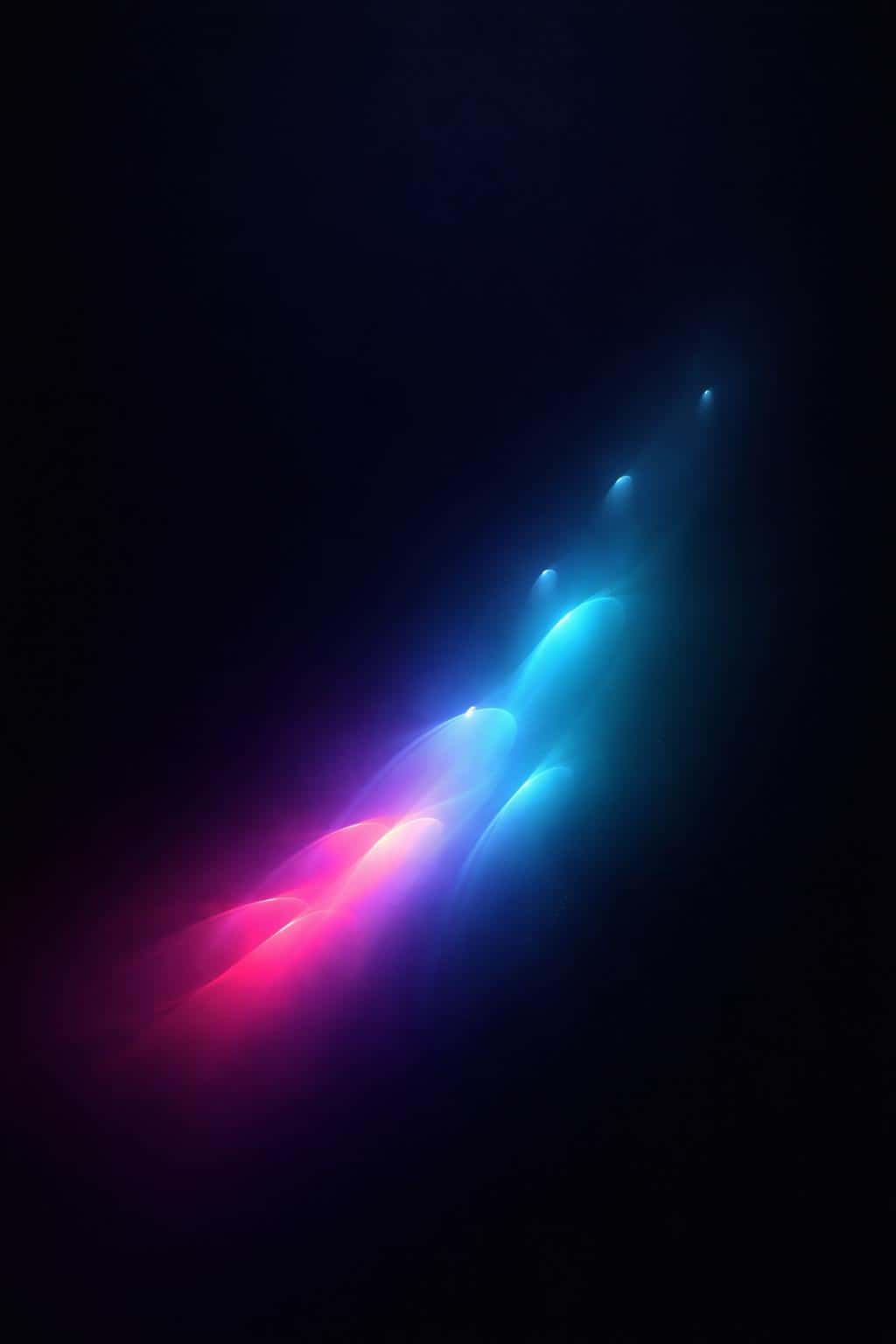 Near-black 2:3 wallpaper features a luminous gradient form cluster rising diagonally from the lower third with magenta-to-cyan-to-teal bloom, soft haze, and trailing glows to preserve a calm top for icons.