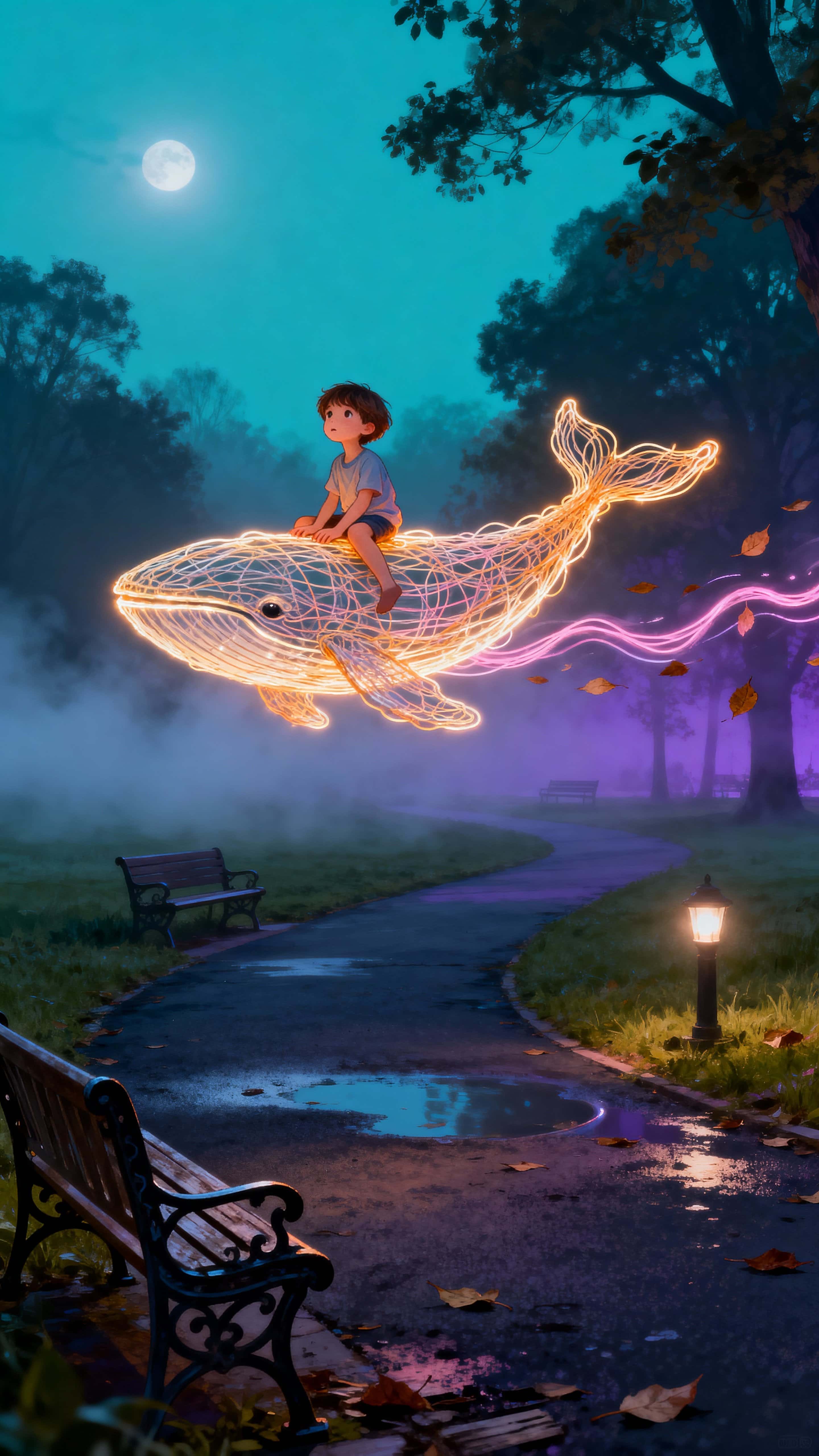 A luminous kid sits astride a doodle whale formed of light above a misty park path, the whale gliding forward and leaving a soft glowing trail that curves through fog and trees.