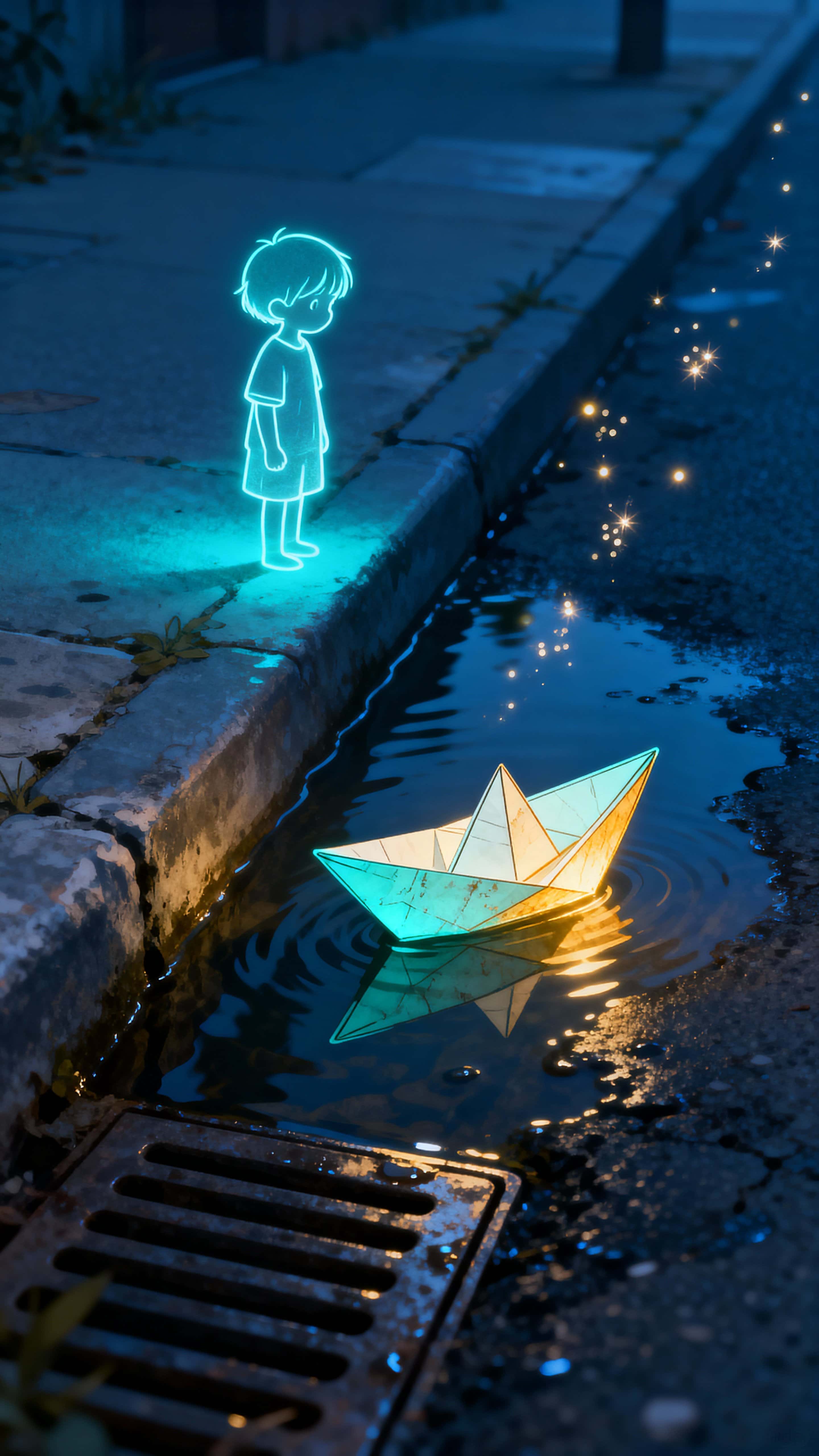 A luminous outline child stands beside a real street gutter at night as a glowing line-art paper boat floats and sends sparkles upward like tiny fireflies, creating a quiet, magical street moment.