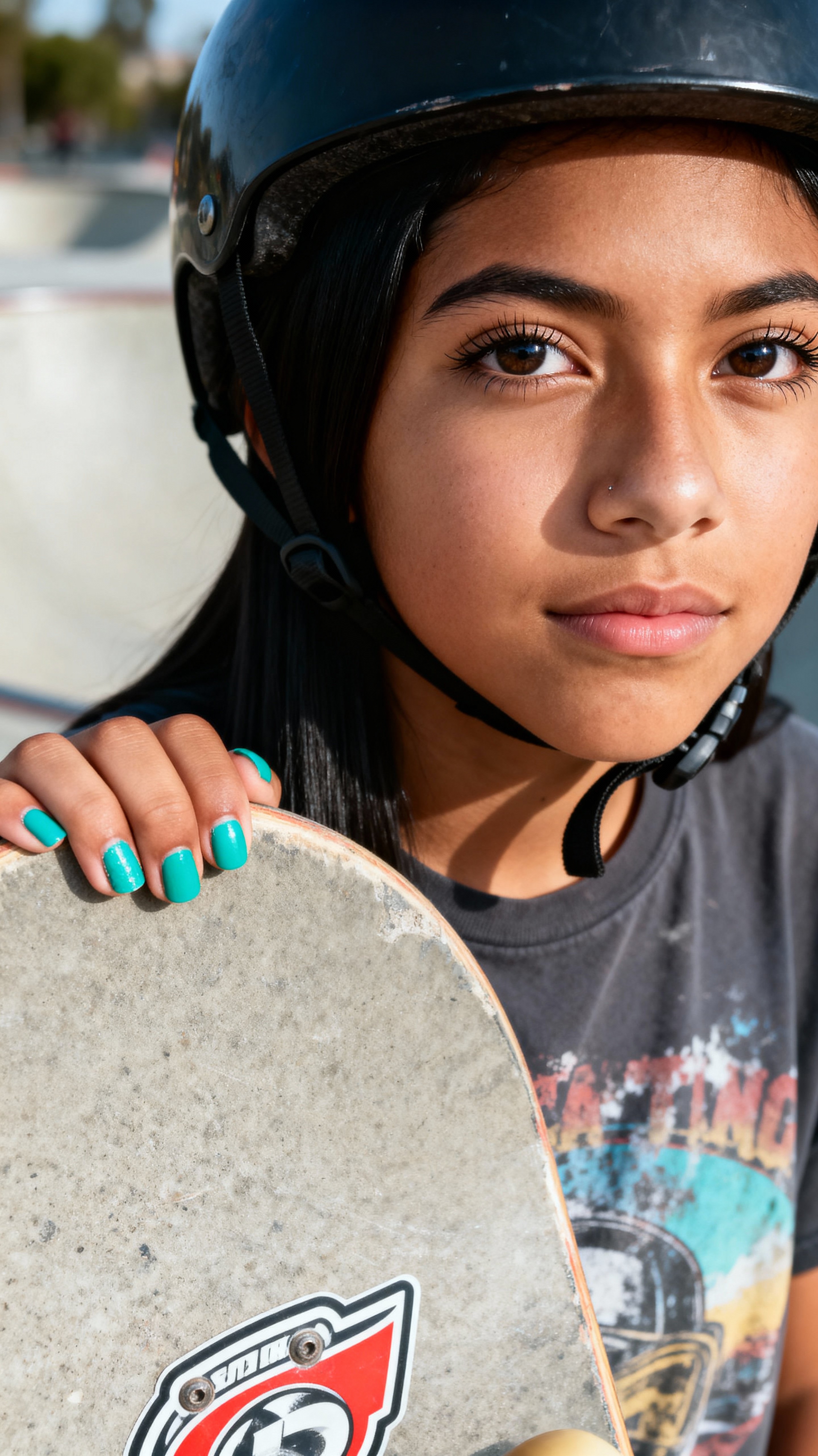 Lupita, a Mexican American teen skateboarder in Phoenix catches her breath at the concrete bowl edge in a faded red tee, chipped teal nails, warm tan skin tone, and straight black hair.