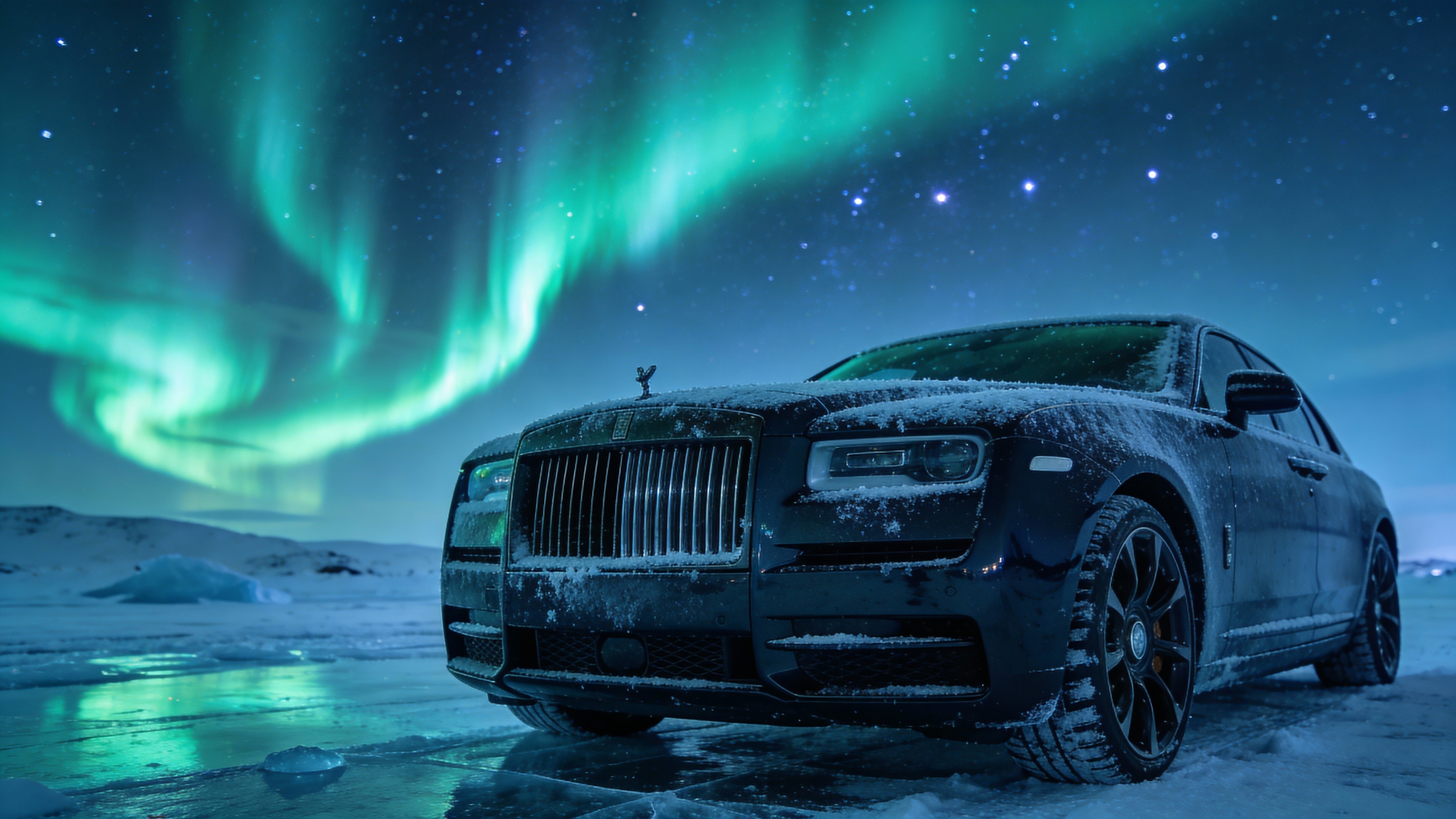 Ultra-realistic night view of a sleek luxury supercar parked on a frozen arctic plain beneath a swirling green aurora and starry sky, cold blue tones and wide 16:9 cinematic framing.