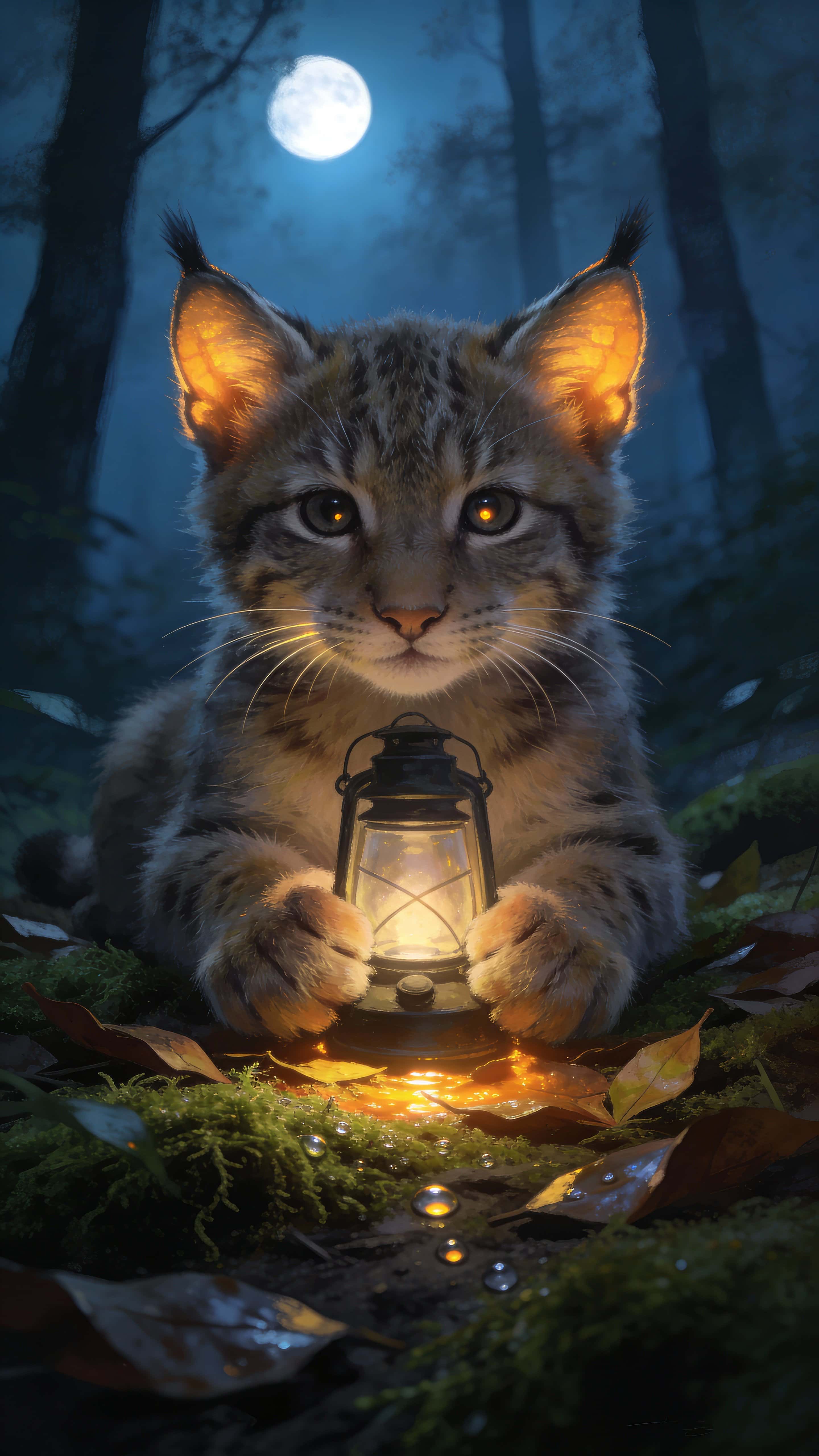 A photoreal lynx cub cradles a glowing lantern in a misty forest hollow at night, warm light on tufted ears and damp ground, calm and intimate mood.