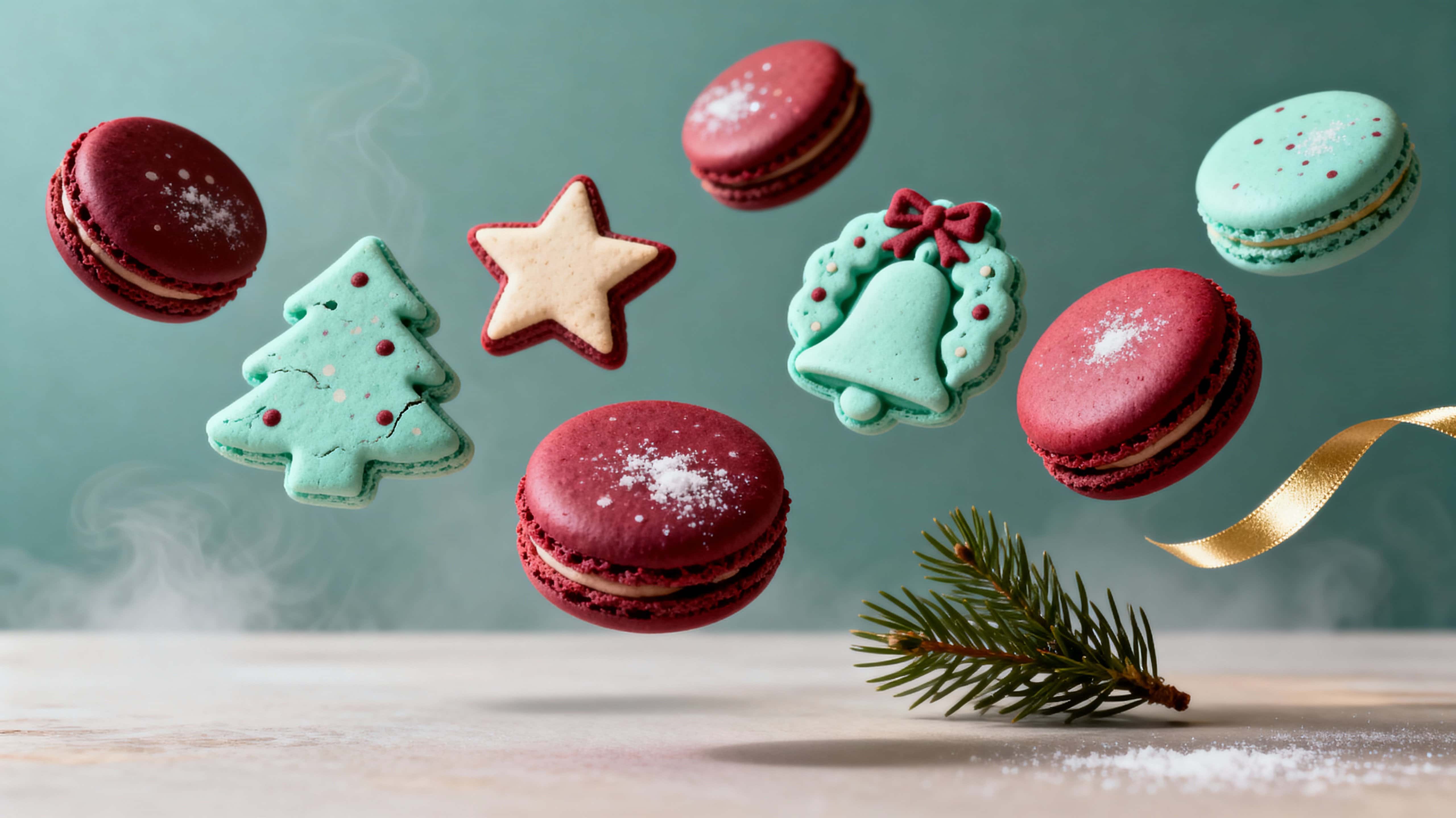 Floating macarons shaped like Christmas icons form a festive still life in a 16:9 studio frame, with gentle warm glow, soft depth, and clean surfaces that emphasize glossy icing and delicate textures.