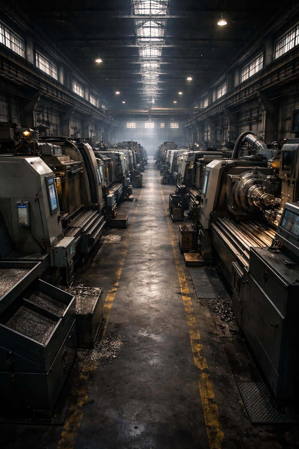Wide industrial machine hall paused mid-operation with subtle motion blur, photographed for a 2:3 poster-cover layout emphasizing scale and texture.