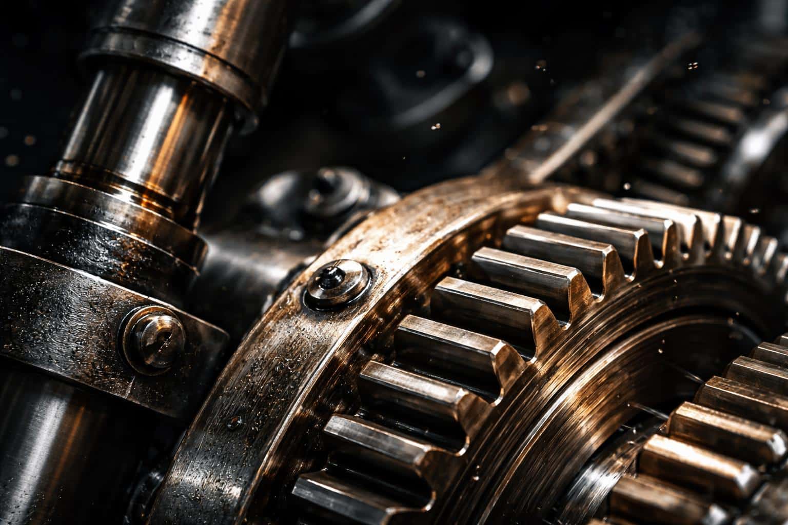 Extreme close-up macro photography of moving machine parts showing metallic textures, motion blur, shallow depth and industrial lighting for a poster-cover composition.