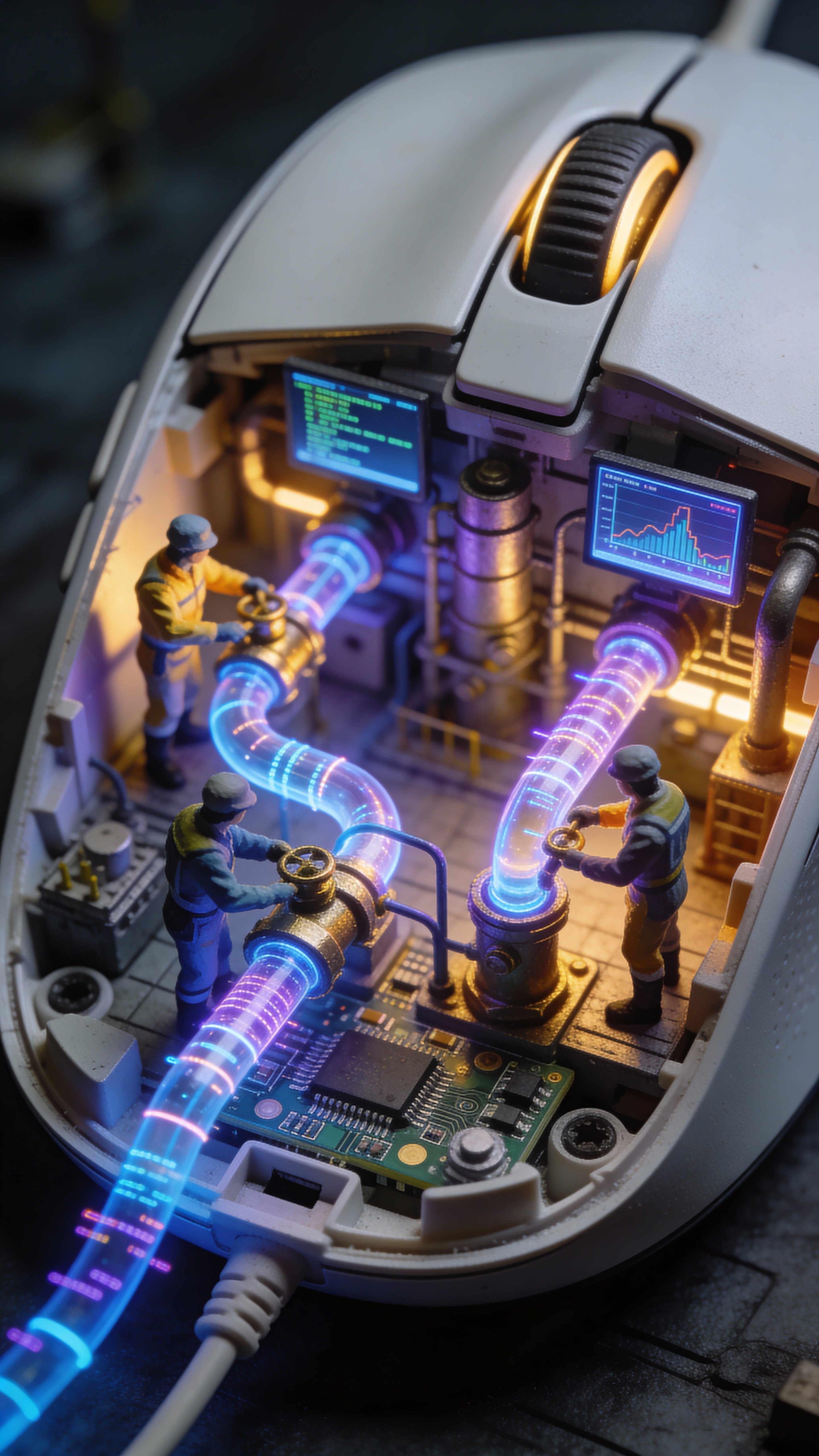 A vertical 9:16 close-up of a macro miniature factory inside a computer mouse, where tiny workers tend glowing data pipelines and holographic screens in surreal, high-tech realism.