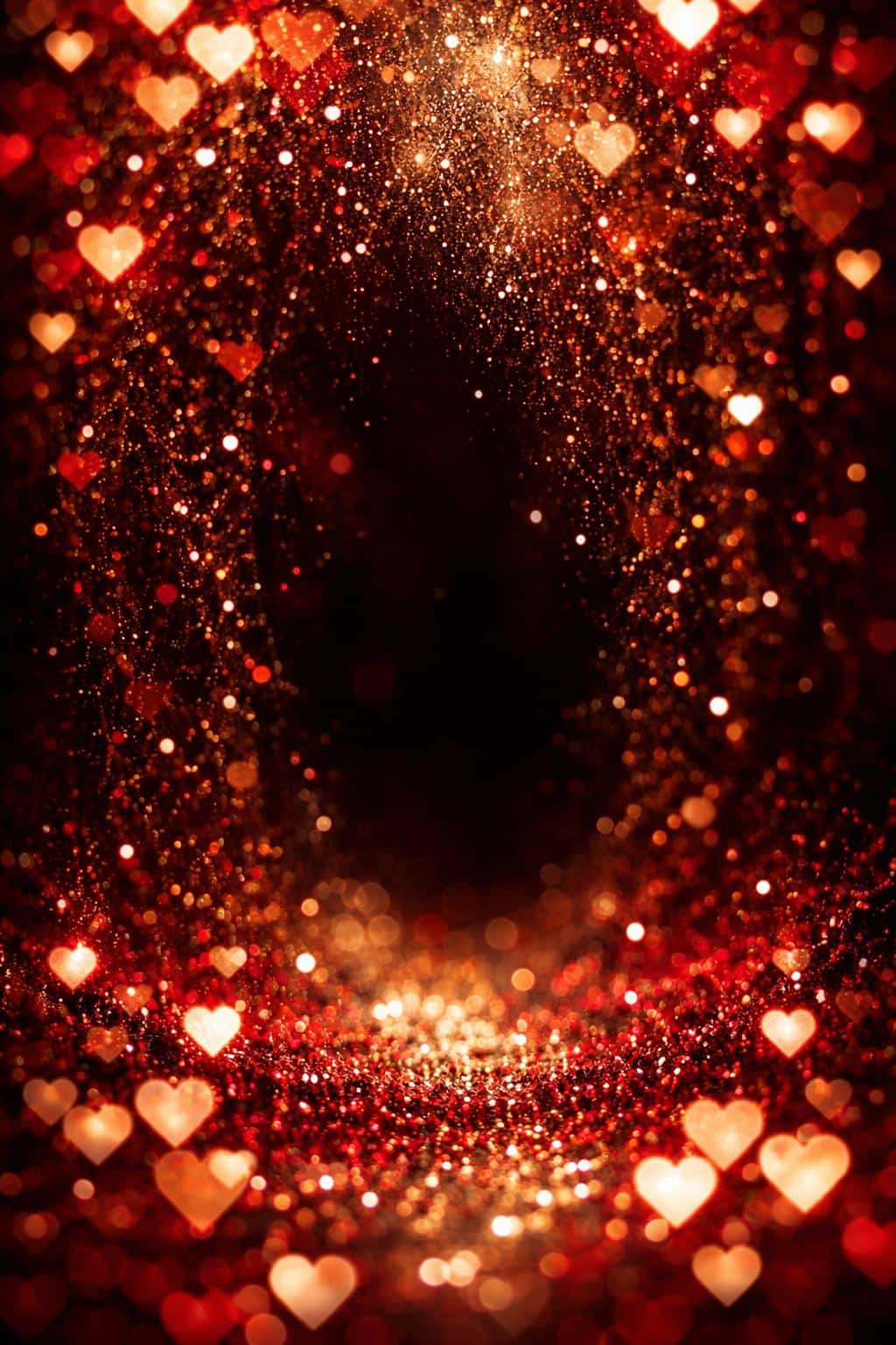 Vertical 2:3 macro portrait of glittering heart-shaped bokeh and suspended particles in velvet red and antique gold, with deep shadows and a dramatic central void.