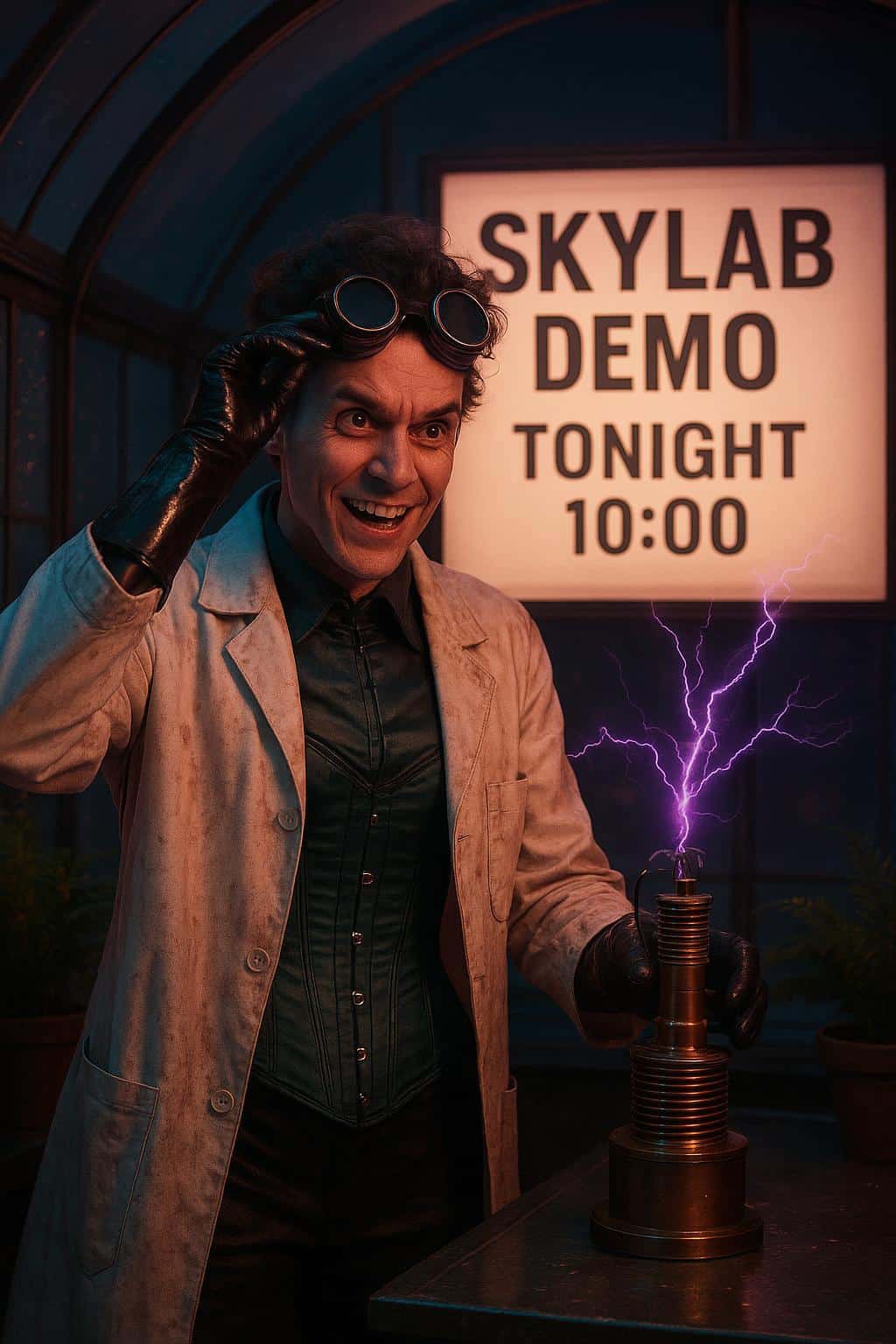 A dramatic ad-style portrait of a mad scientist standing in a rooftop greenhouse lab, visor lifted as a compact coil arcs violet streamers and a lit lightbox reads “SKYLAB DEMO — TONIGHT 10:00.”