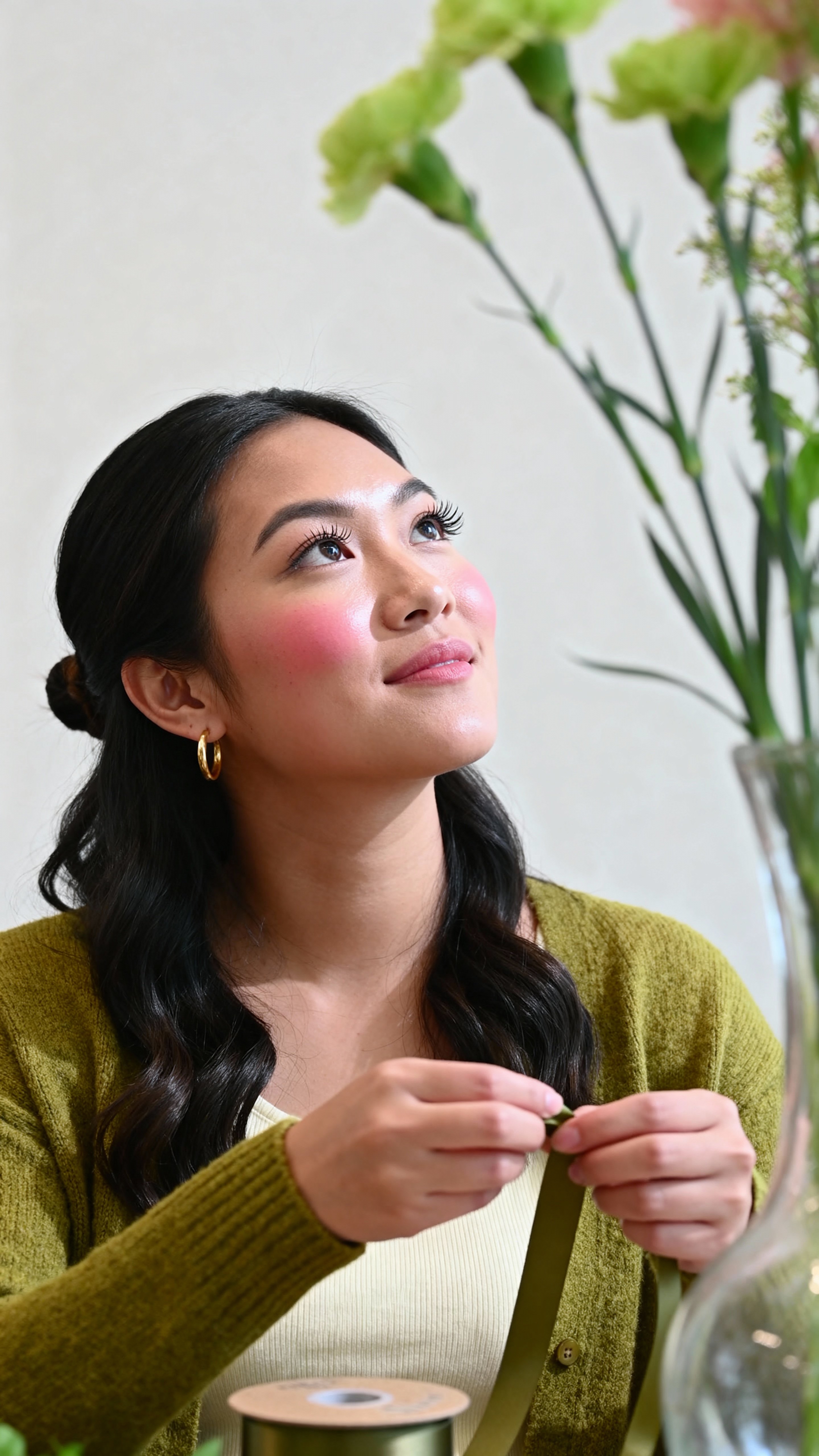 Headshot of Mai, a poised Hmong American florist tying ribbon in a moss-green cardigan and cream top, fair rosy skin and dark wavy hair with crisp iris detail, colors #8AA98B #F6F1E6 #E3B3A1 #2C2A28 #C9A15B.