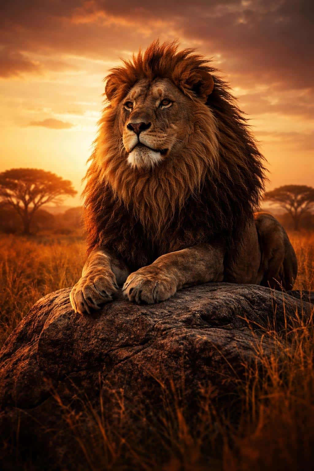 This majestic lion portrait captured during the golden hour in the savanna serves as a powerful heroic visual for high-end wildlife conservation advertising.