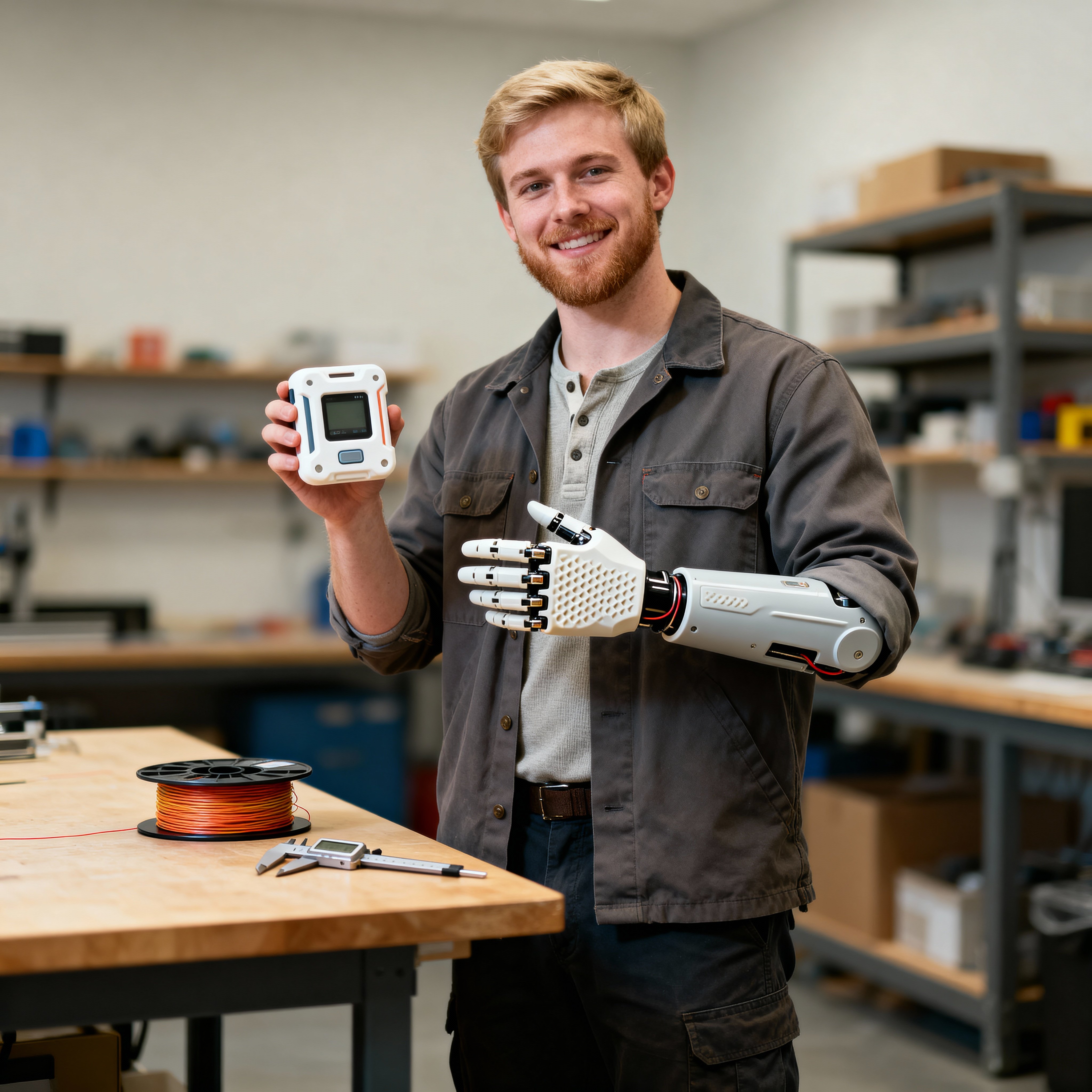 A 23-year-old maker in a Milwaukee studio holds a freshly printed gadget, fair skin (#F0D6C2) and sandy hair (#C9A377), olive chore jacket (#556B2F) and charcoal pants (#2E2E2E) against a clean light-gray background (#E9E9E9), half-body, ey