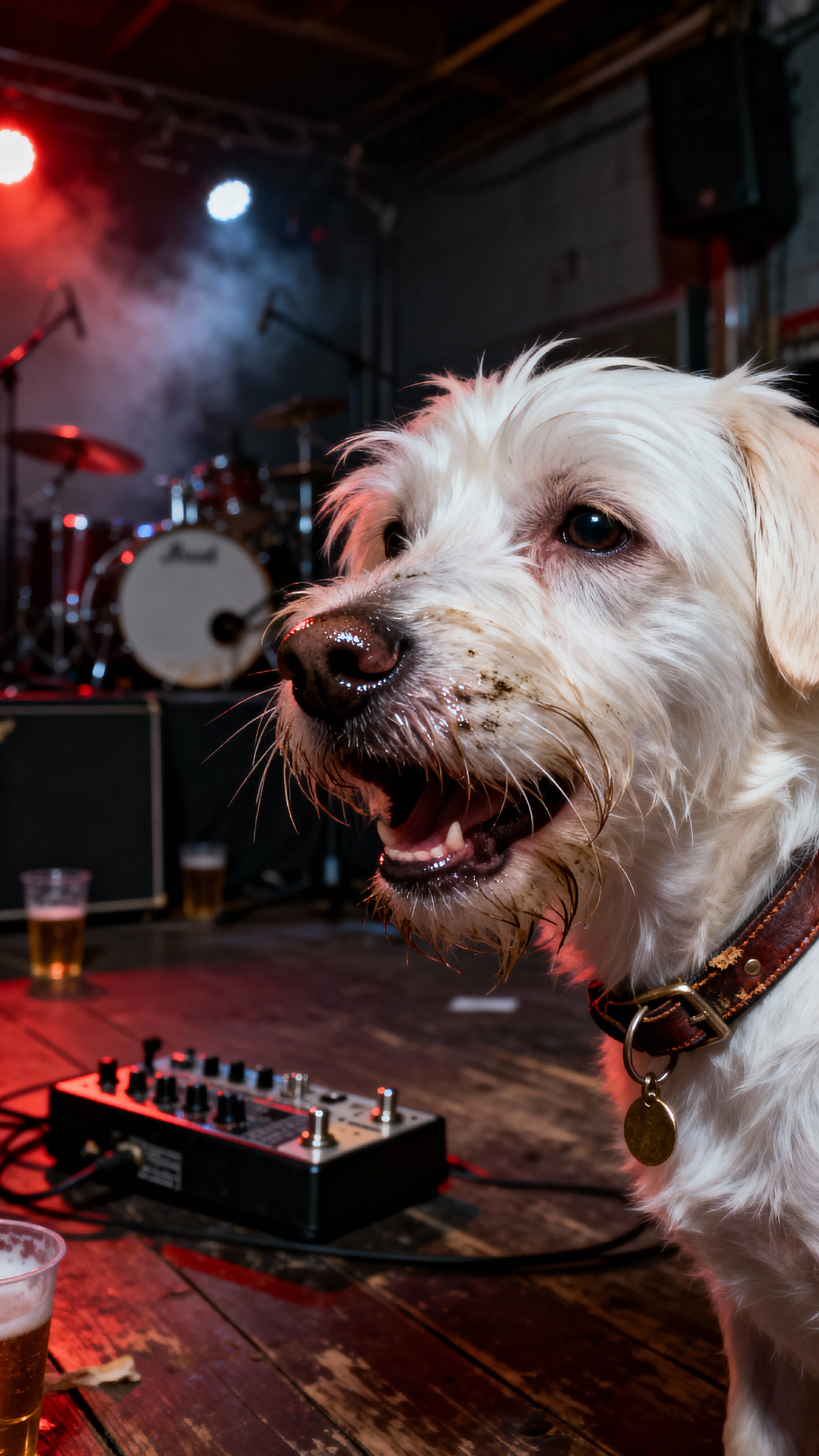 Close-up of a mature Maltese dog singing the final emotional lines of a garage band performance, rendered in gritty realism with cinematic drama and raw atmosphere.