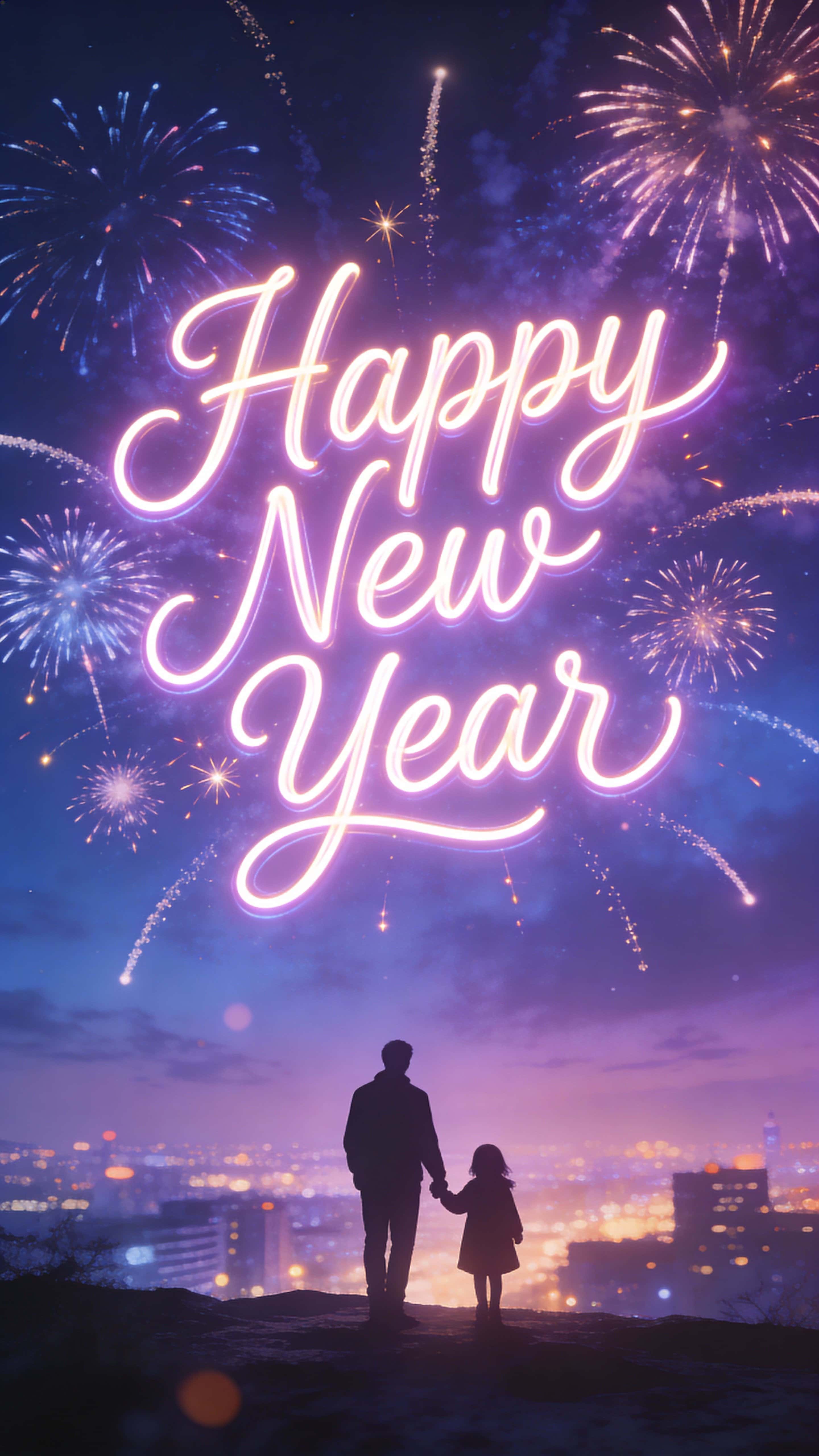 Portrait 9:16 New Year fantasy showing a silhouetted man and child holding hands in the lower foreground, a dreamy purple-blue sky filled with luminous neon calligraphy and arcing fireworks with spark trails above a glowing city skyline.