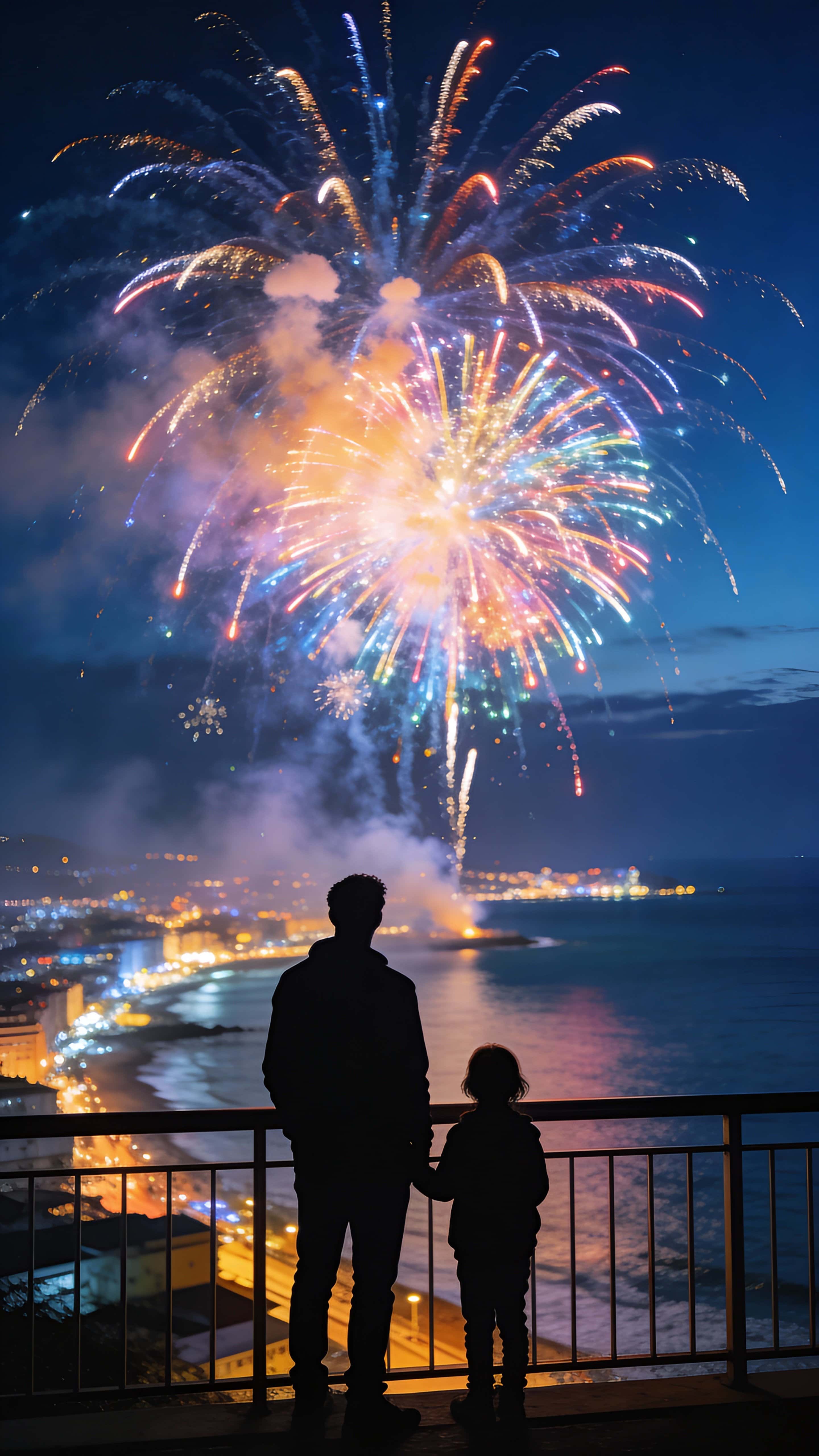 Silhouetted man and child stand on a balcony overlooking a glowing coastal city while massive colorful fireworks fill a deep-blue night gradient sky, soft haze and calm emotion in a vertical 9:16 frame.