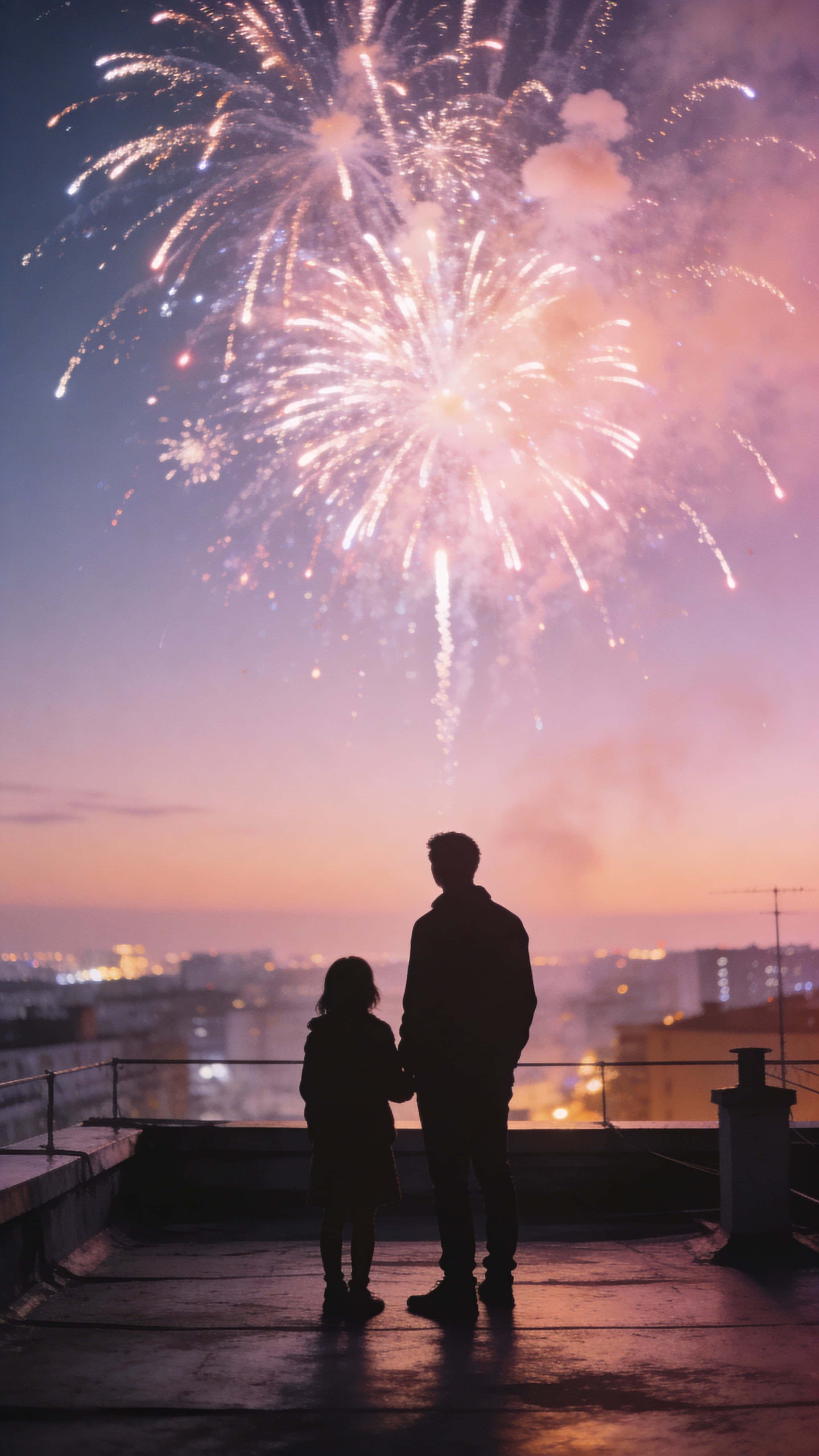 A dreamy, cinematic vertical 9:16 night scene of soft pastel fireworks glowing above a silhouetted man and child, with a softly blurred city below and poetic film-grain mood.