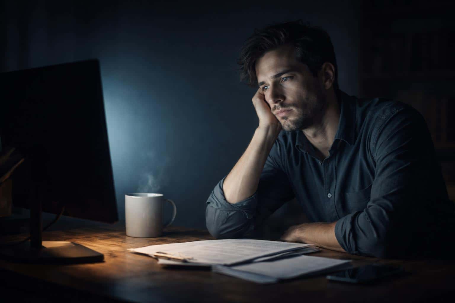 Late-night portrait photograph of a tired man at his desk at 2AM, monitor glow and low-key lighting creating a solitary, melancholic mood for a social-post image.